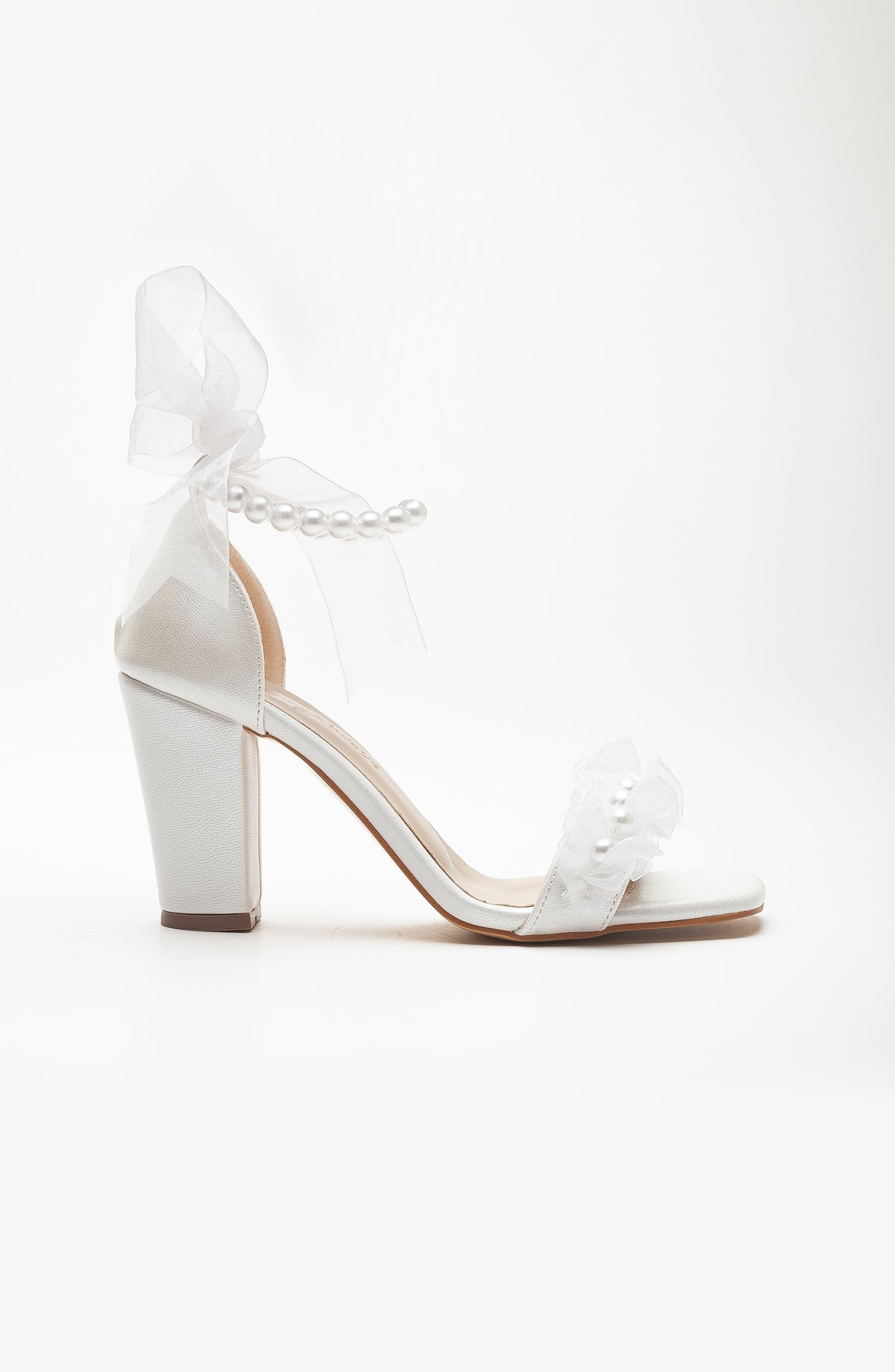 Krystal - Ivory Lace Bridal Sandals with Pearls – detail view showing pearl, lace, leather, Vowalisse