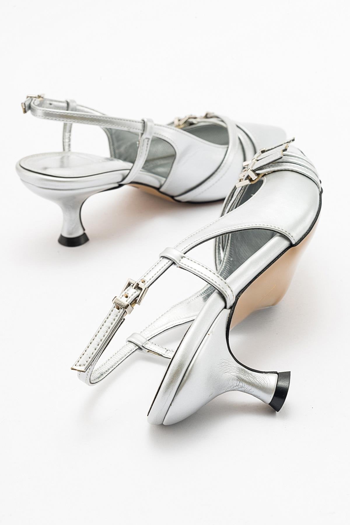 Woss - Silver Leather-Effect Belt Detail Heeled Shoe – detail view showing leather, silver, Vowalisse