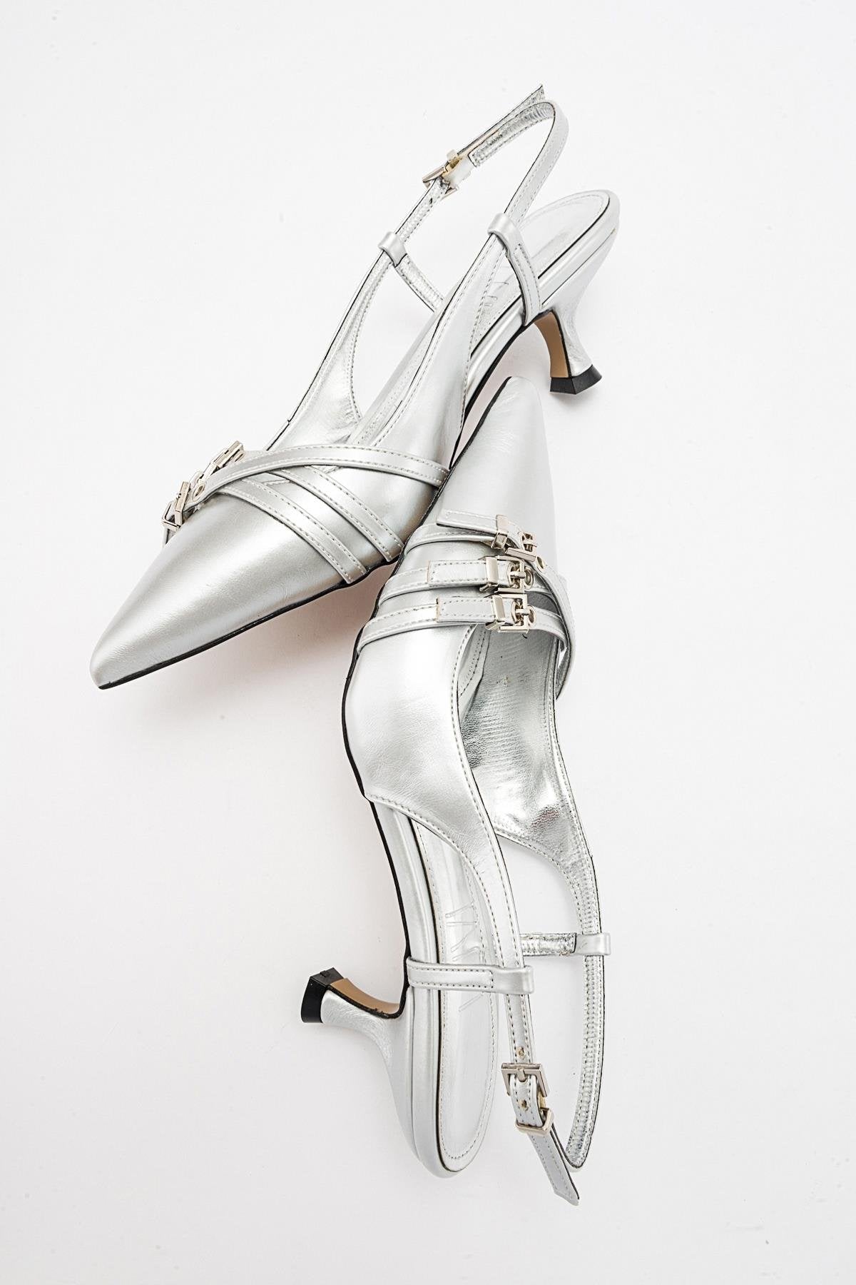 Woss - Silver Leather-Effect Belt Detail Heeled Shoe – top view showing leather, silver, Vowalisse