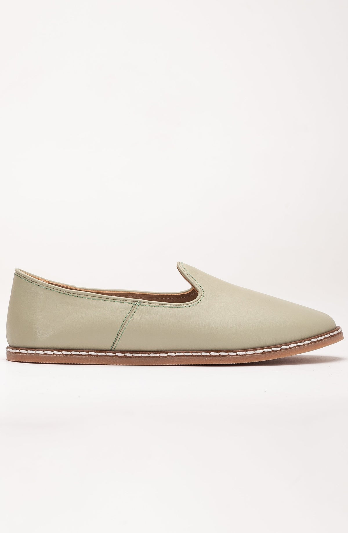Dalya - Sage Green Leather Slip On – front three-quarter view showing leather, red, green, Vowalisse