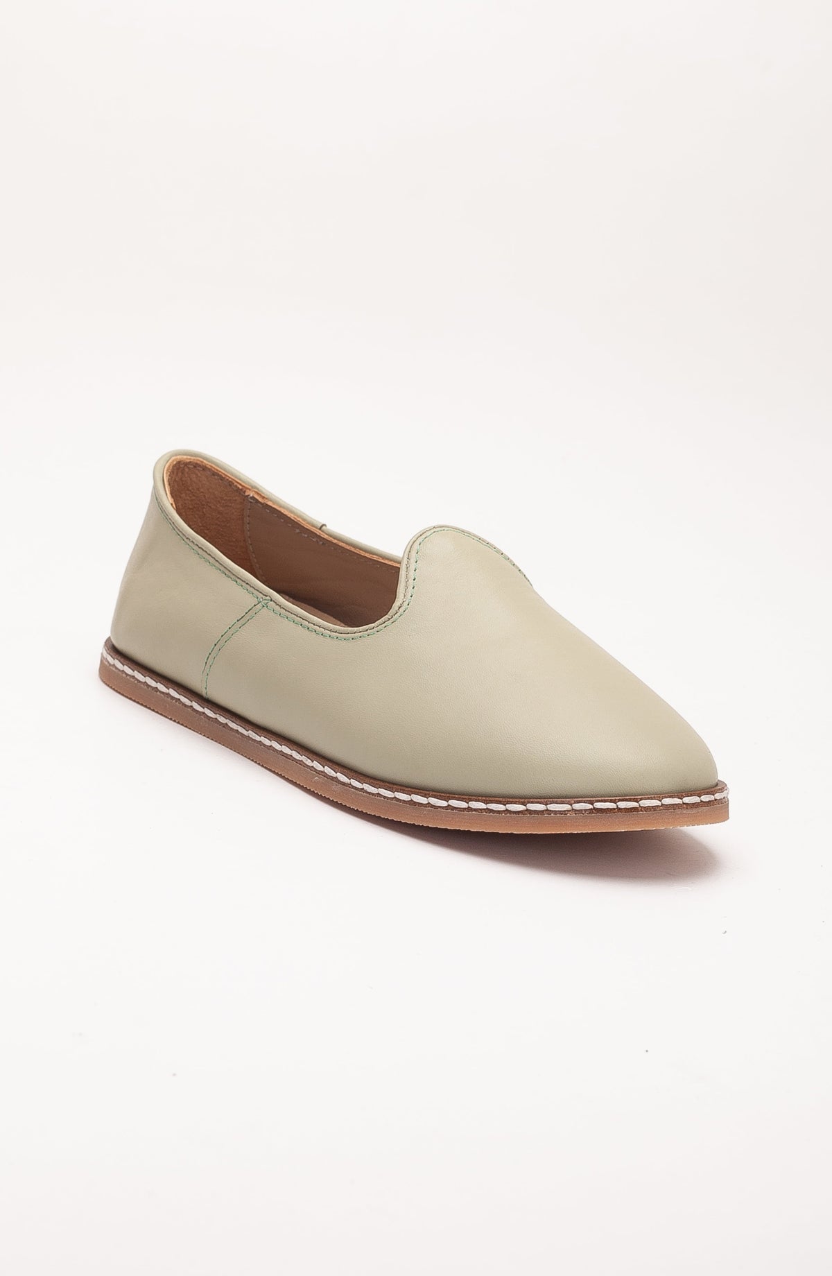 Dalya - Sage Green Leather Slip On – side view showing leather, red, green, Vowalisse