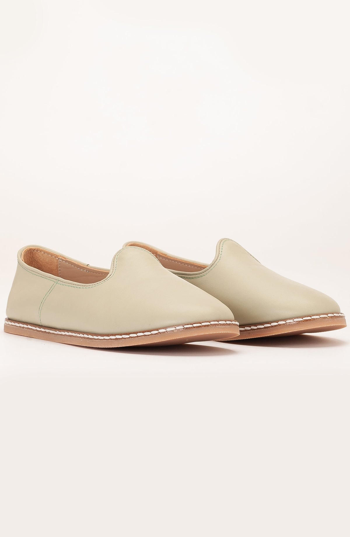 Dalya - Sage Green Leather Slip On – detail view showing leather, red, green, Vowalisse