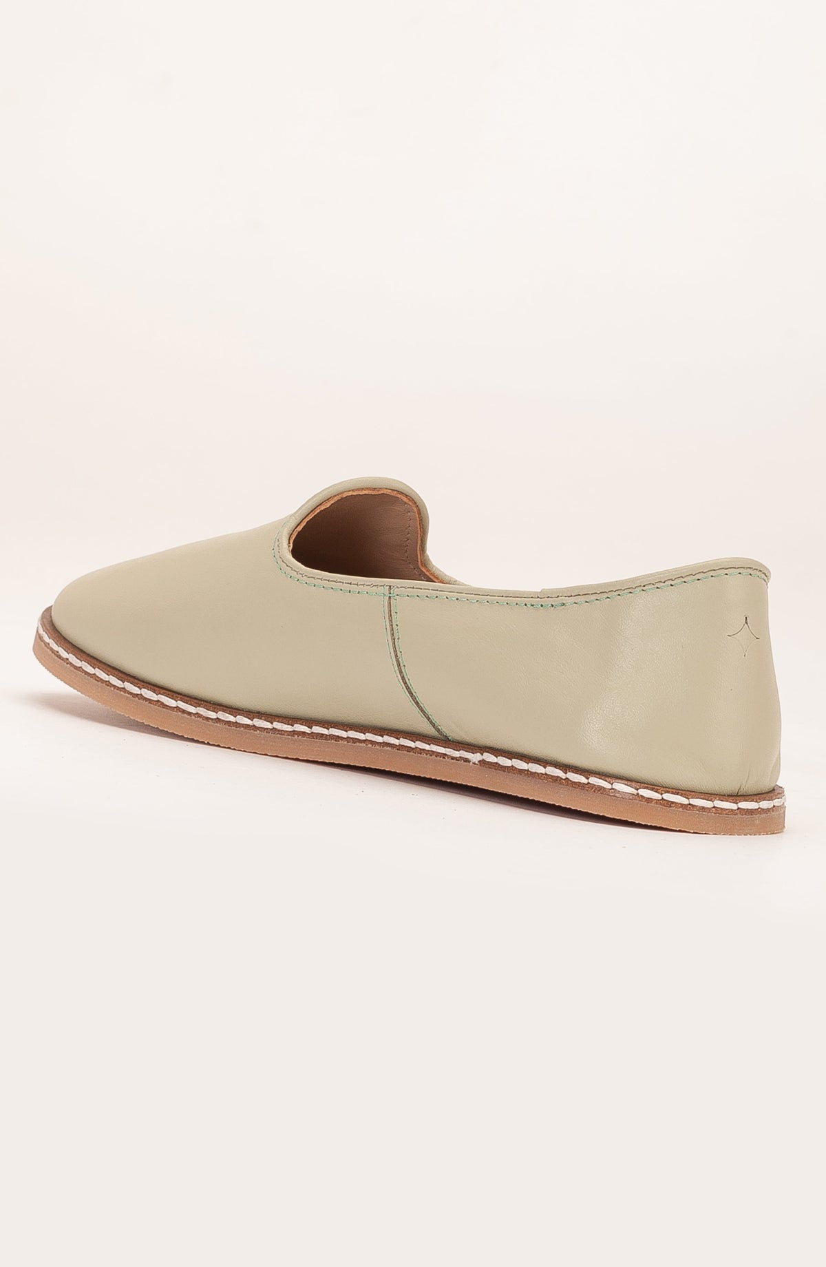 Dalya - Sage Green Leather Slip On – heel view showing leather, red, green, Vowalisse