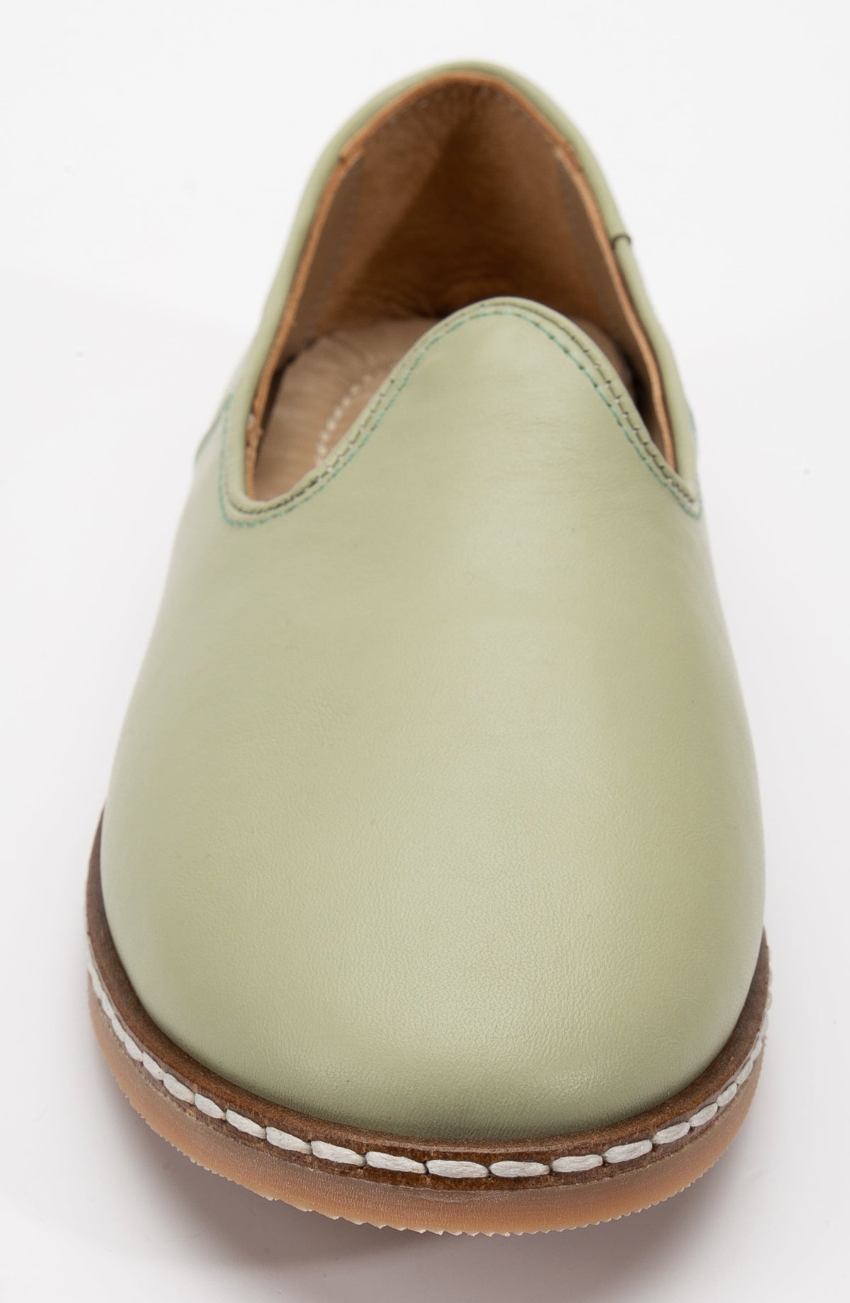 Dalya - Sage Green Leather Slip On – top view showing leather, red, green, Vowalisse