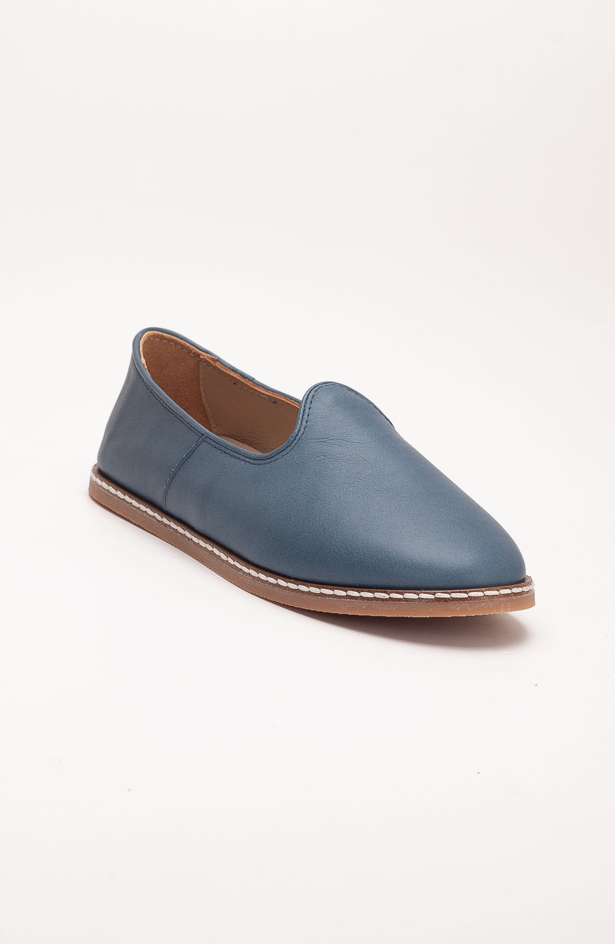 Dalya - Blue Leather Slip On – side view showing leather, blue, red, Vowalisse