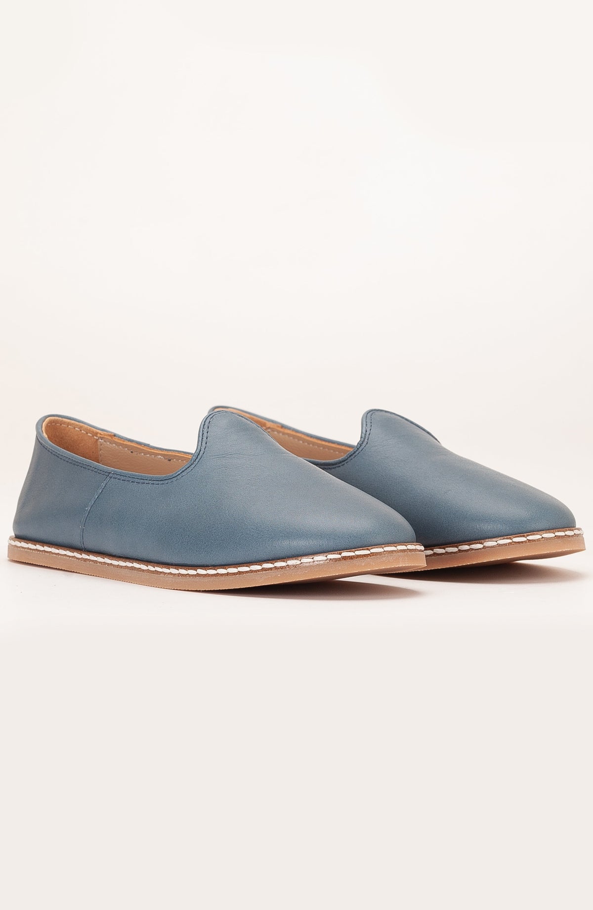 Dalya - Blue Leather Slip On – detail view showing leather, blue, red, Vowalisse