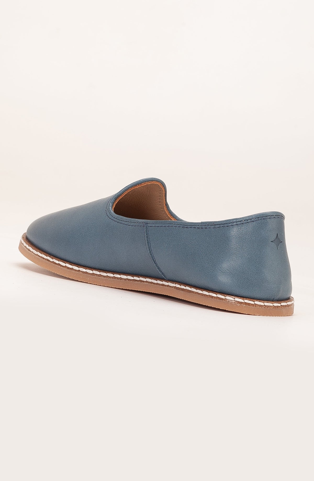 Dalya - Blue Leather Slip On – heel view showing leather, blue, red, Vowalisse
