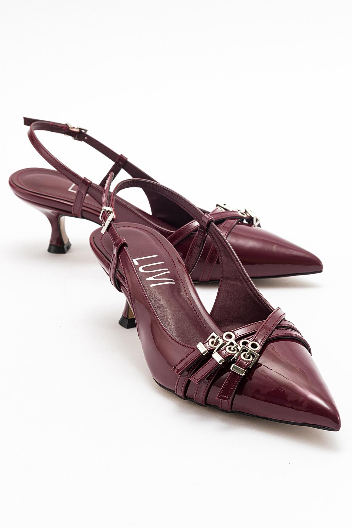 Woss - Burgundy Patent Belt Detail Heeled Shoe – front three-quarter view showing leather, Vowalisse