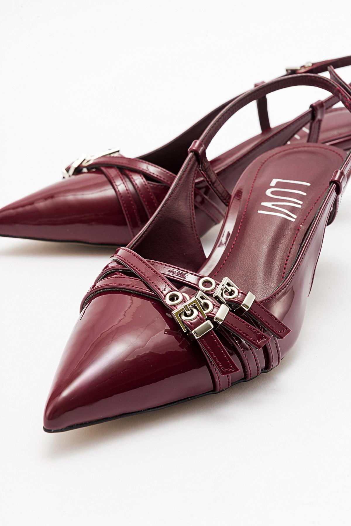 Woss - Burgundy Patent Belt Detail Heeled Shoe – back view showing leather, Vowalisse