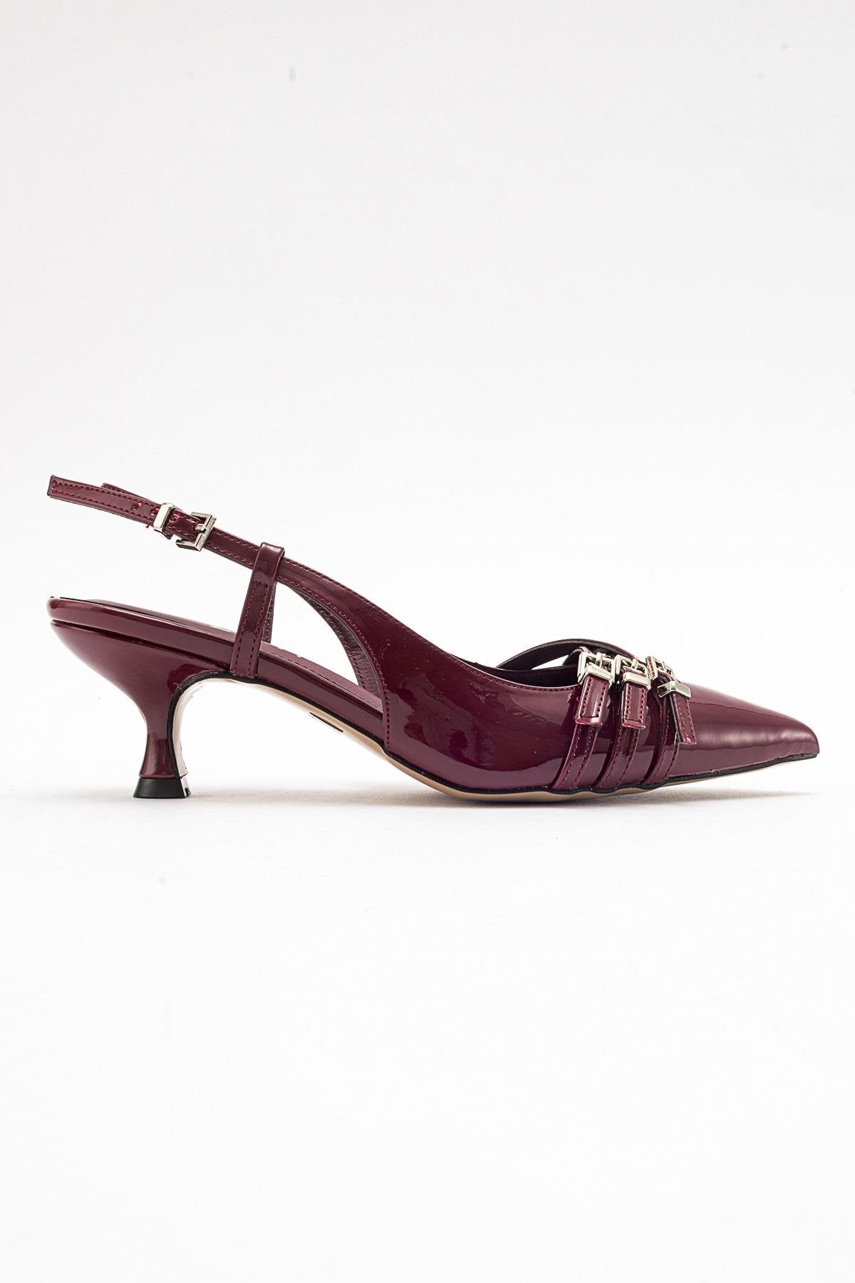 Woss - Burgundy Patent Belt Detail Heeled Shoe – top view showing leather, Vowalisse