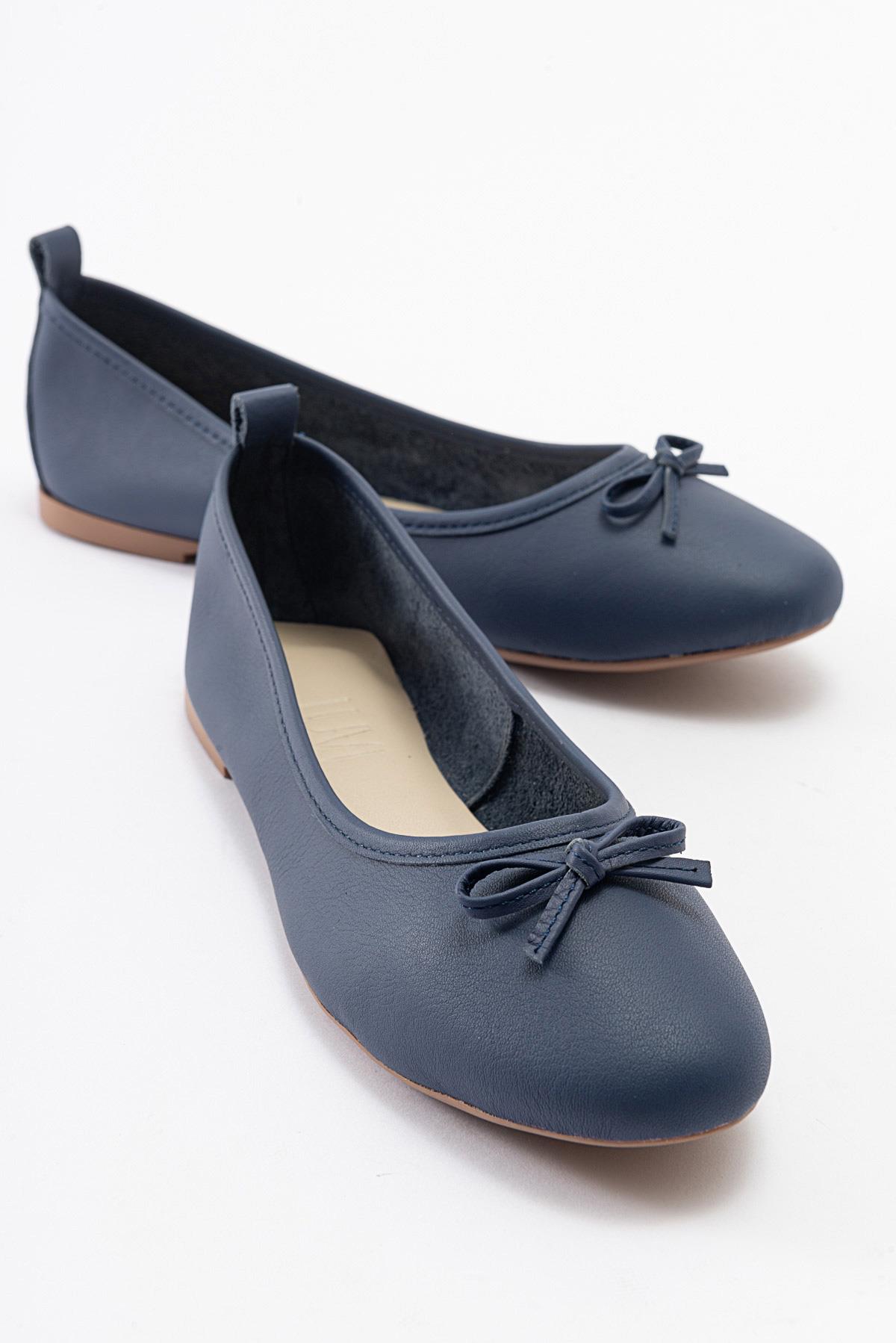 Florence - Navy Blue Leather Ballerina Flats – front three-quarter view showing bow, leather, suede, Vowalisse