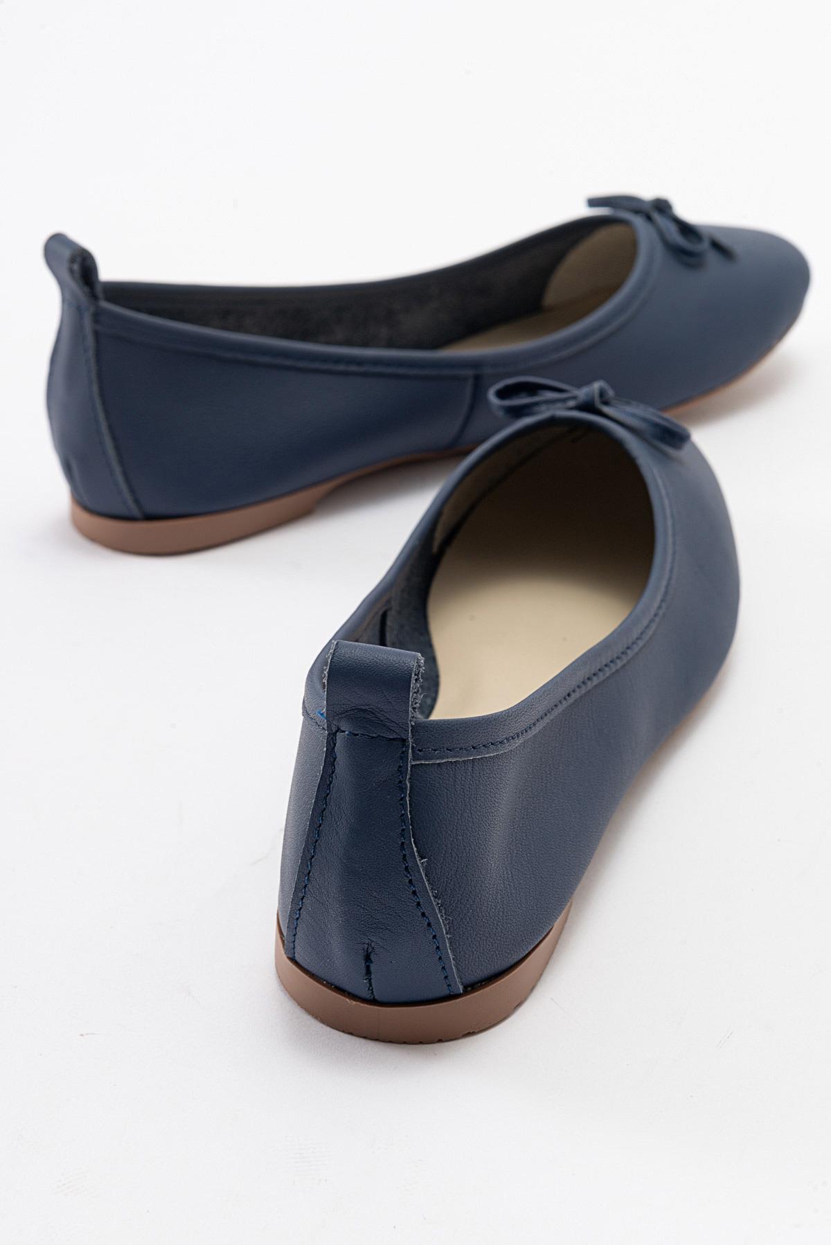 Florence - Navy Blue Leather Ballerina Flats – side view showing bow, leather, suede, Vowalisse