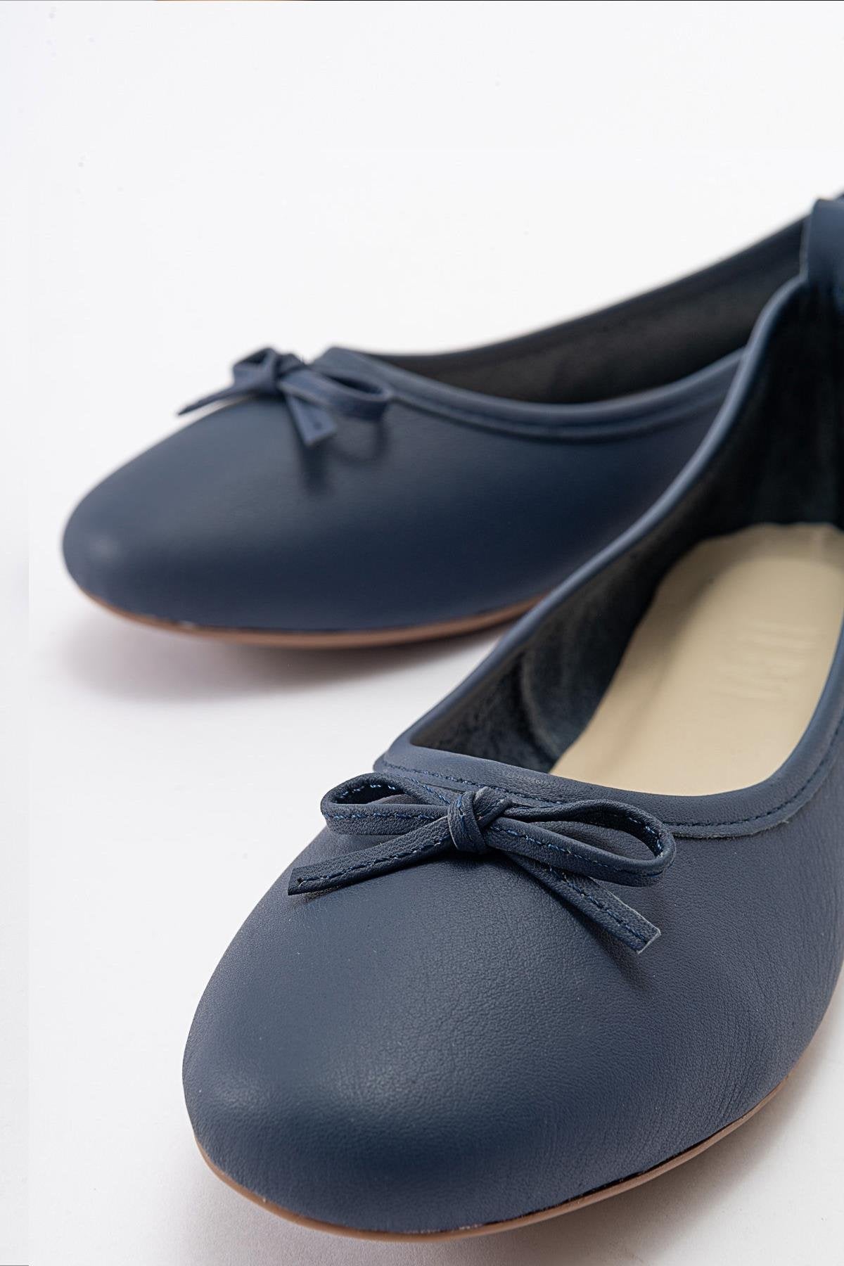 Florence - Navy Blue Leather Ballerina Flats – back view showing bow, leather, suede, Vowalisse