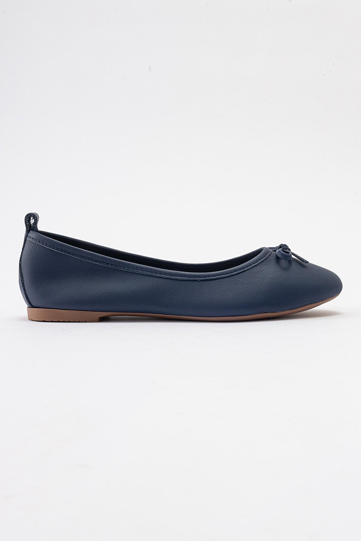 Florence - Navy Blue Leather Ballerina Flats – top view showing bow, leather, suede, Vowalisse