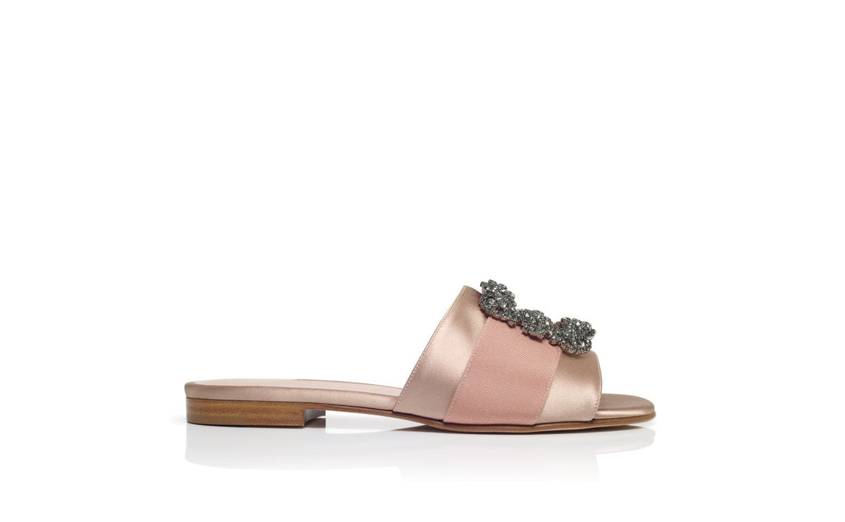 Juliette Jewel Neutral Jewel Buckle Mules – side profile showing neutral jewel buckle, crystal buckle, satin, Vowalisse