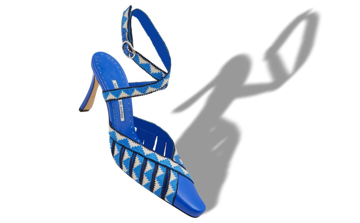 Leonora Rose Blue Ankle Strap Ankle-Strap Shoes – front three-quarter view showing blue ankle strap, almond toe, nappa…