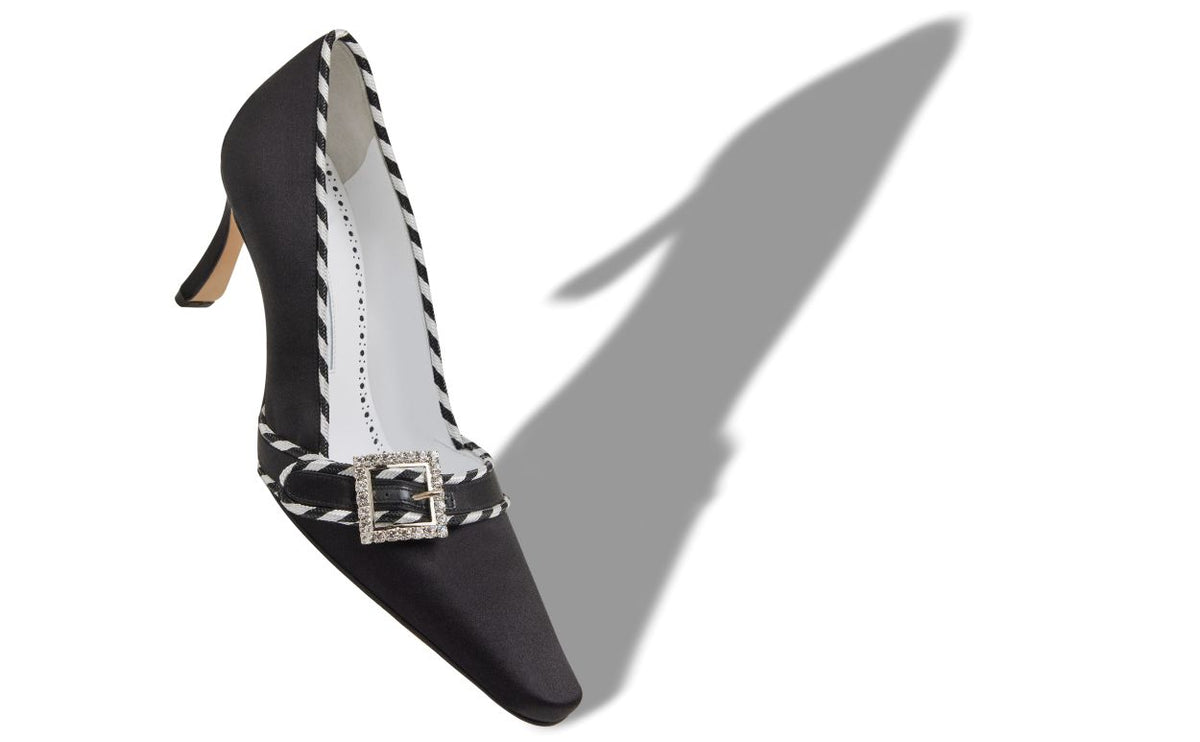Leonora Pearl Black Crystal Buckle Pumps – front three-quarter view showing black crystal buckle, crystal embellished…
