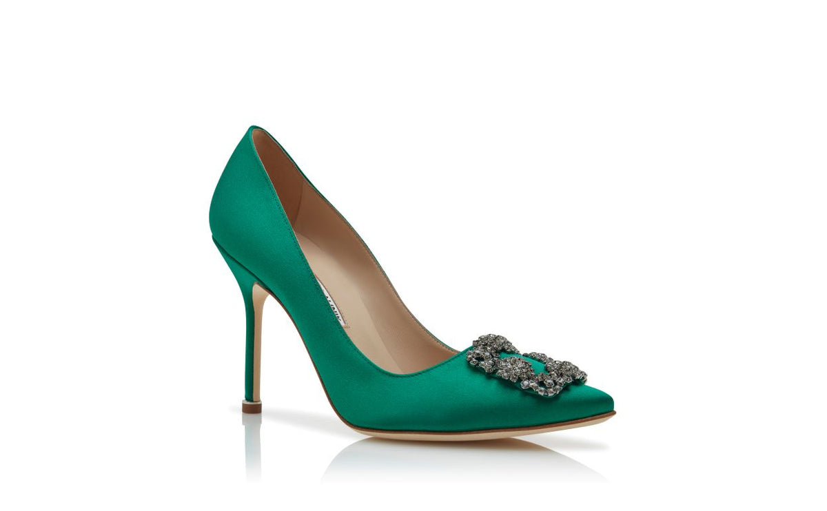 Elara Belle Green Jewel Buckle Pumps – top view showing green jewel buckle, crystal buckle, almond toe, satin, Vowalisse