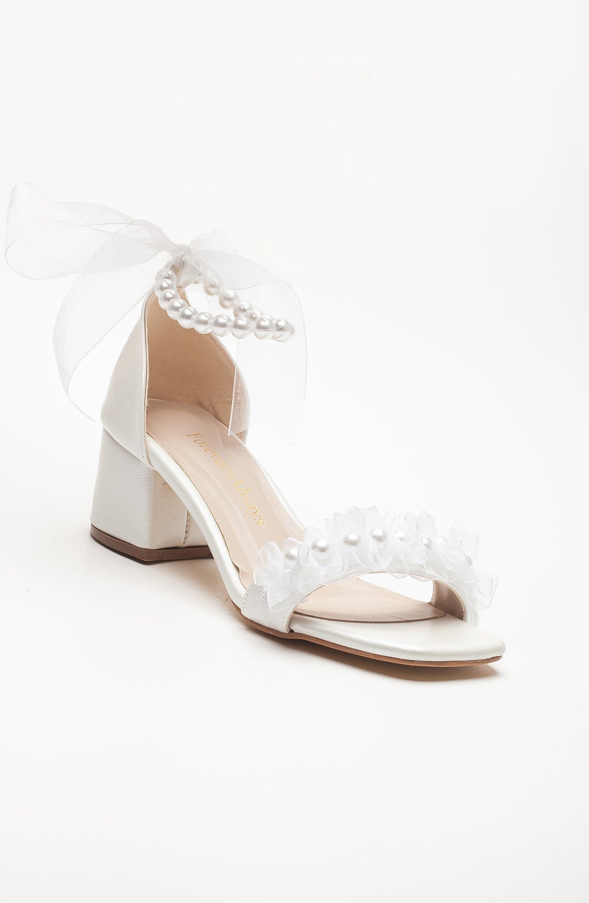 Sanna - Ivory Lace Bridal Sandals with Pearls – front three-quarter view showing pearl, lace, leather, Vowalisse