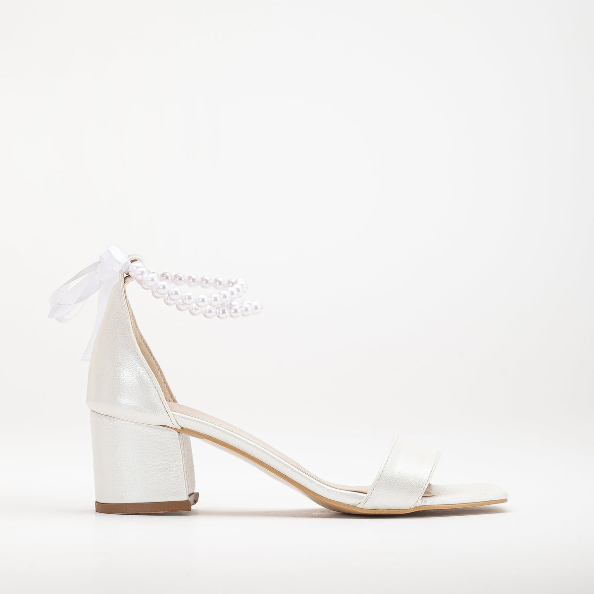 Illy - Ivory Block Heels with Pearls – front three-quarter view showing pearl, satin, leather, Vowalisse