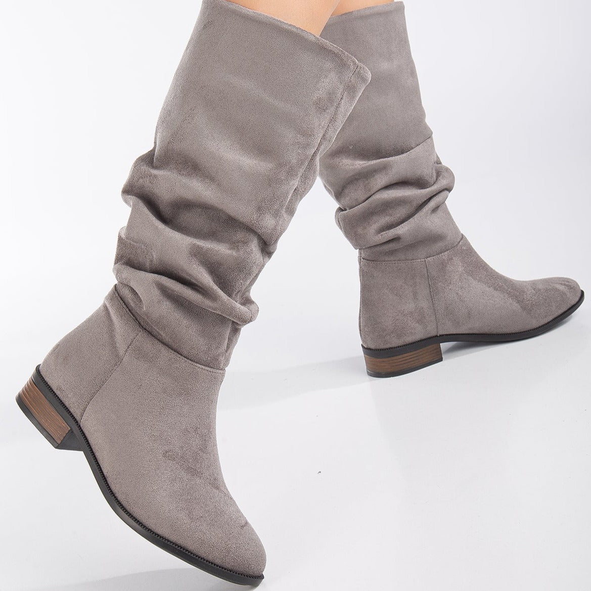 Maribel - Gray Suede Slouchy Boots – side view showing suede, red, Vowalisse