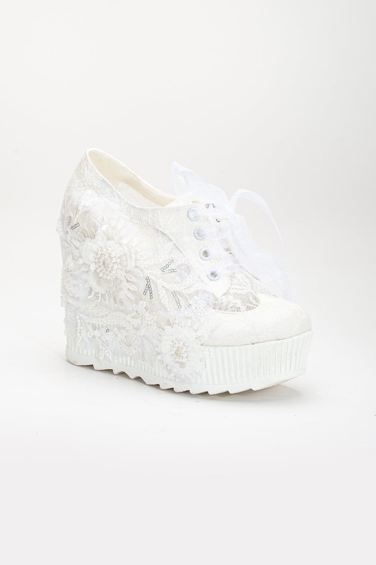 Sheri - Ivory Lace Wedding Sneakers – side view showing pearl, lace, ivory, Vowalisse