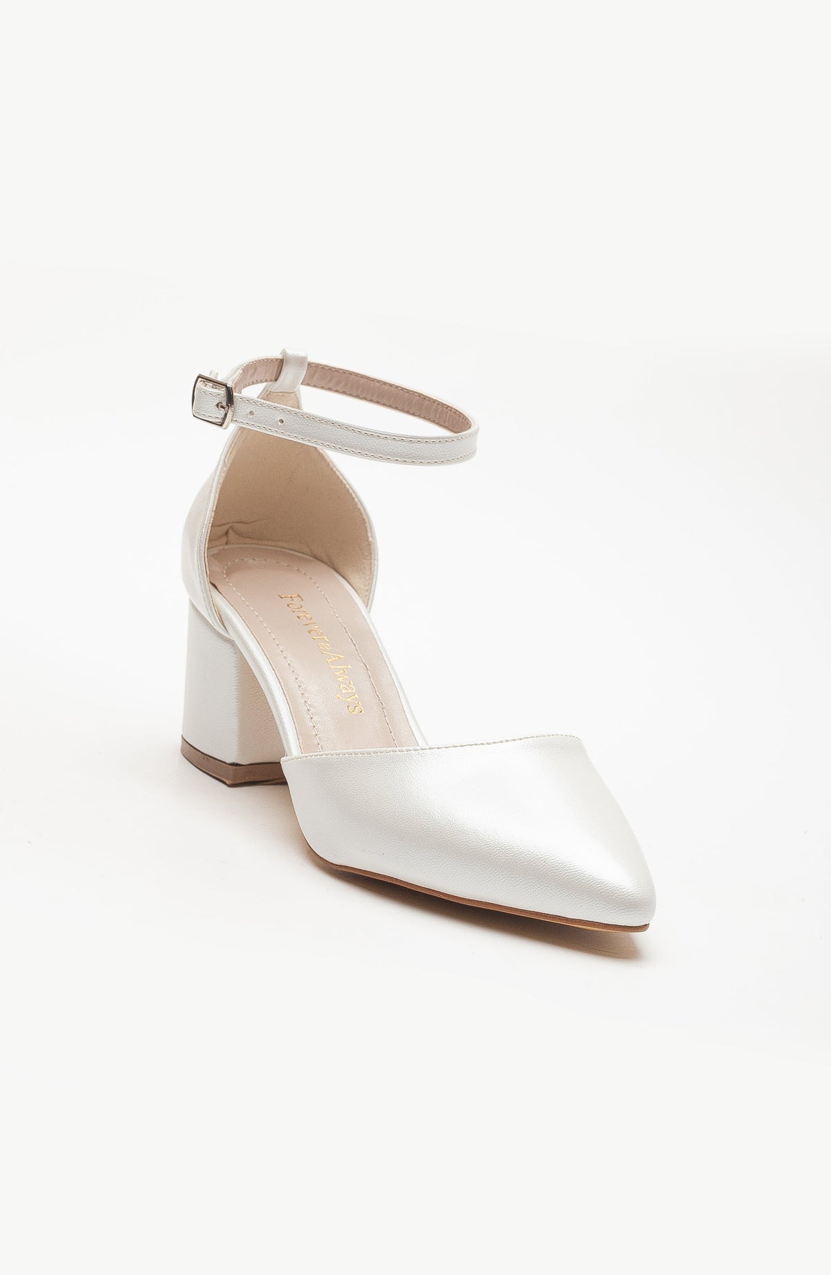 Fiona - Ivory Bridal Heels with Ribbon – heel view showing leather, ivory, Vowalisse