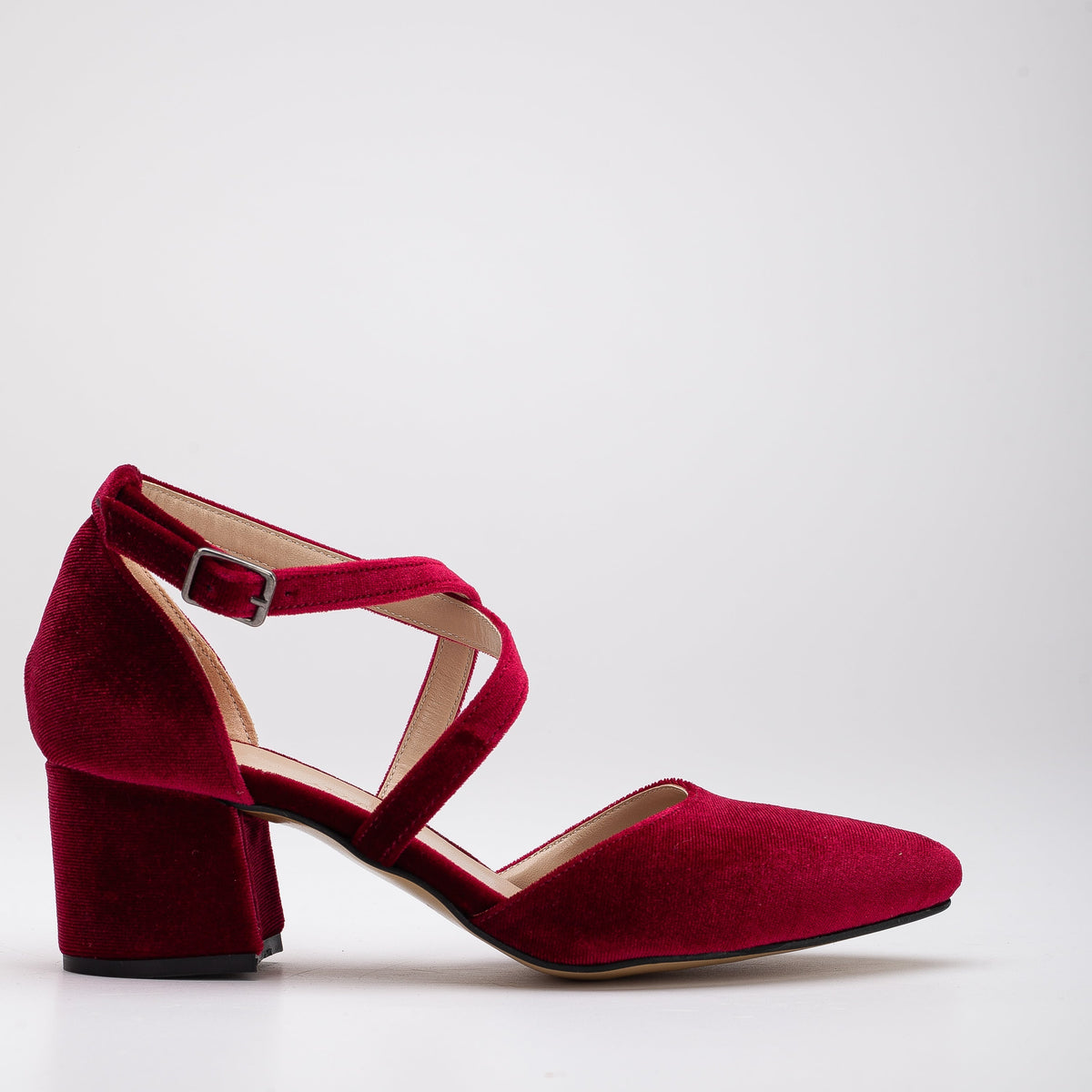 Dolly - Burgundy Velvet Low Heels – front three-quarter view showing velvet, red, Vowalisse
