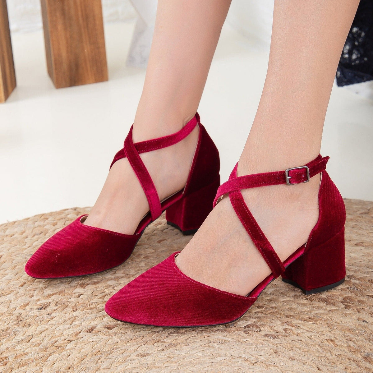 Dolly - Burgundy Velvet Low Heels – detail view showing velvet, red, Vowalisse