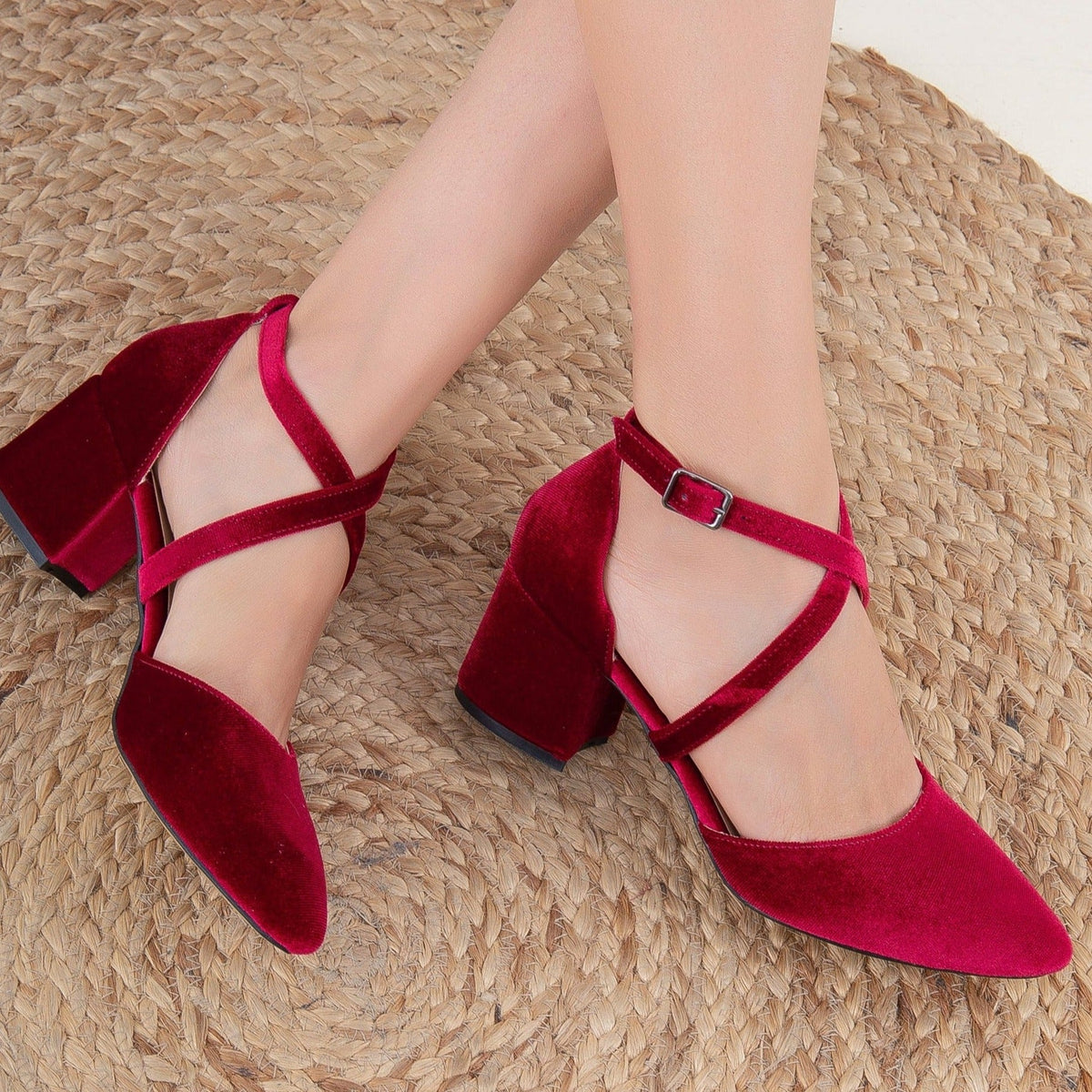 Dolly - Burgundy Velvet Low Heels – heel view showing velvet, red, Vowalisse
