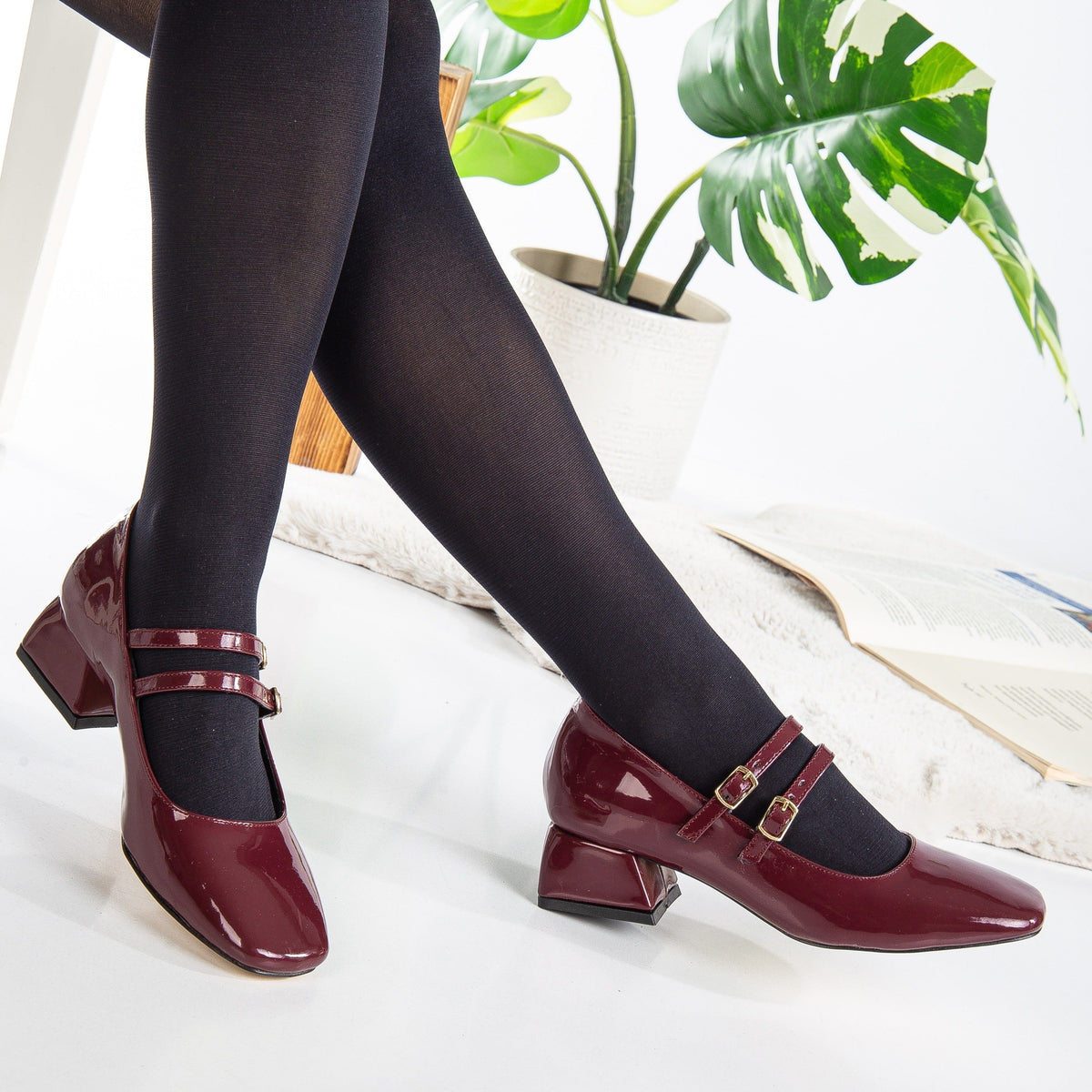 Lizbeth - Red Cherry Mary Jane Shoes – top view showing leather, red, Vowalisse