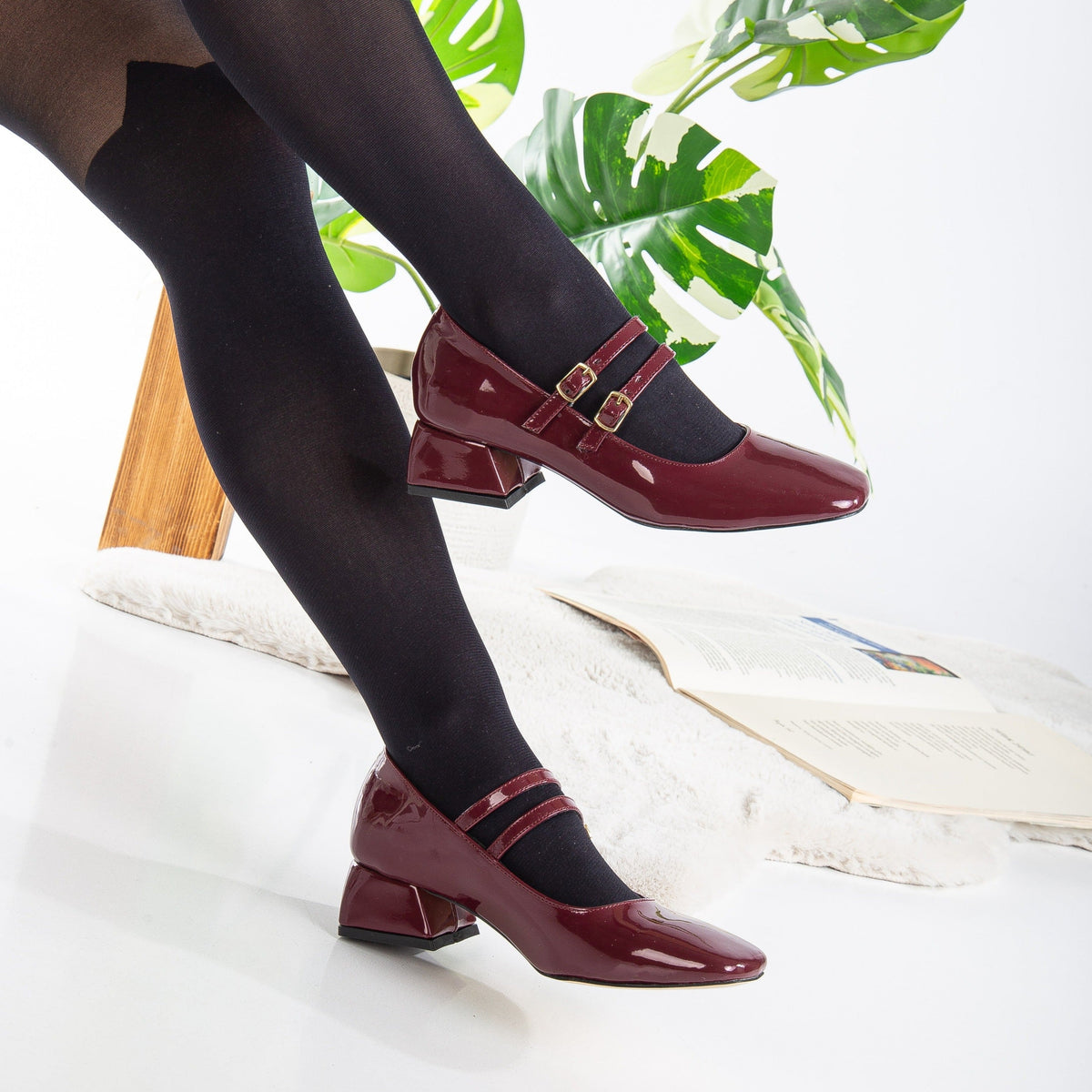 Lizbeth - Red Cherry Mary Jane Shoes – pair view showing leather, red, Vowalisse
