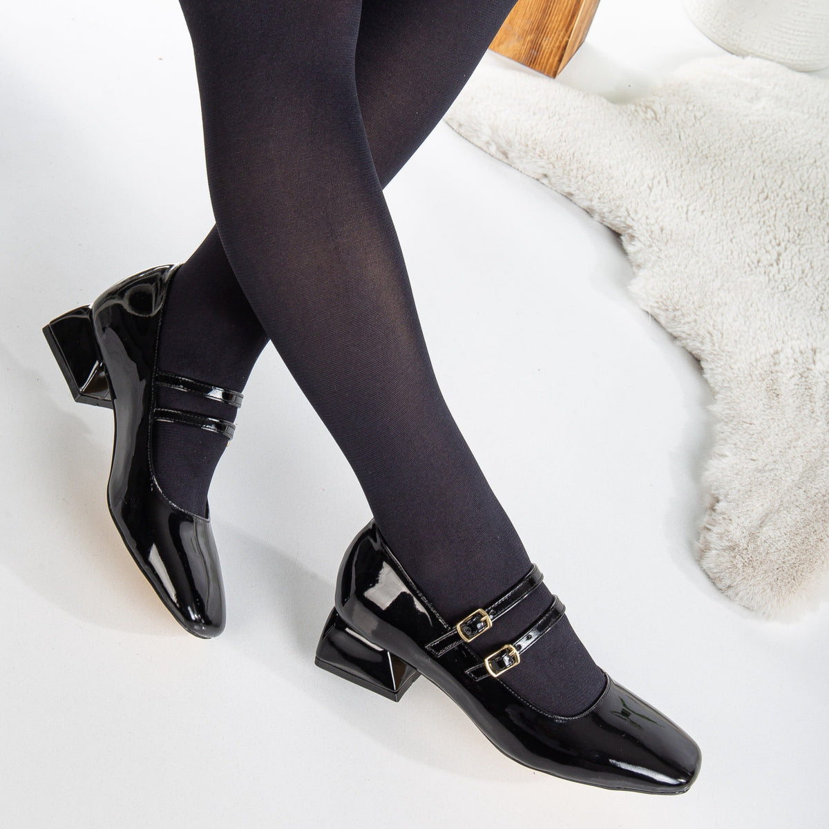 Lizbeth - Black Mary Jane Shoes – pair view showing leather, black, Vowalisse