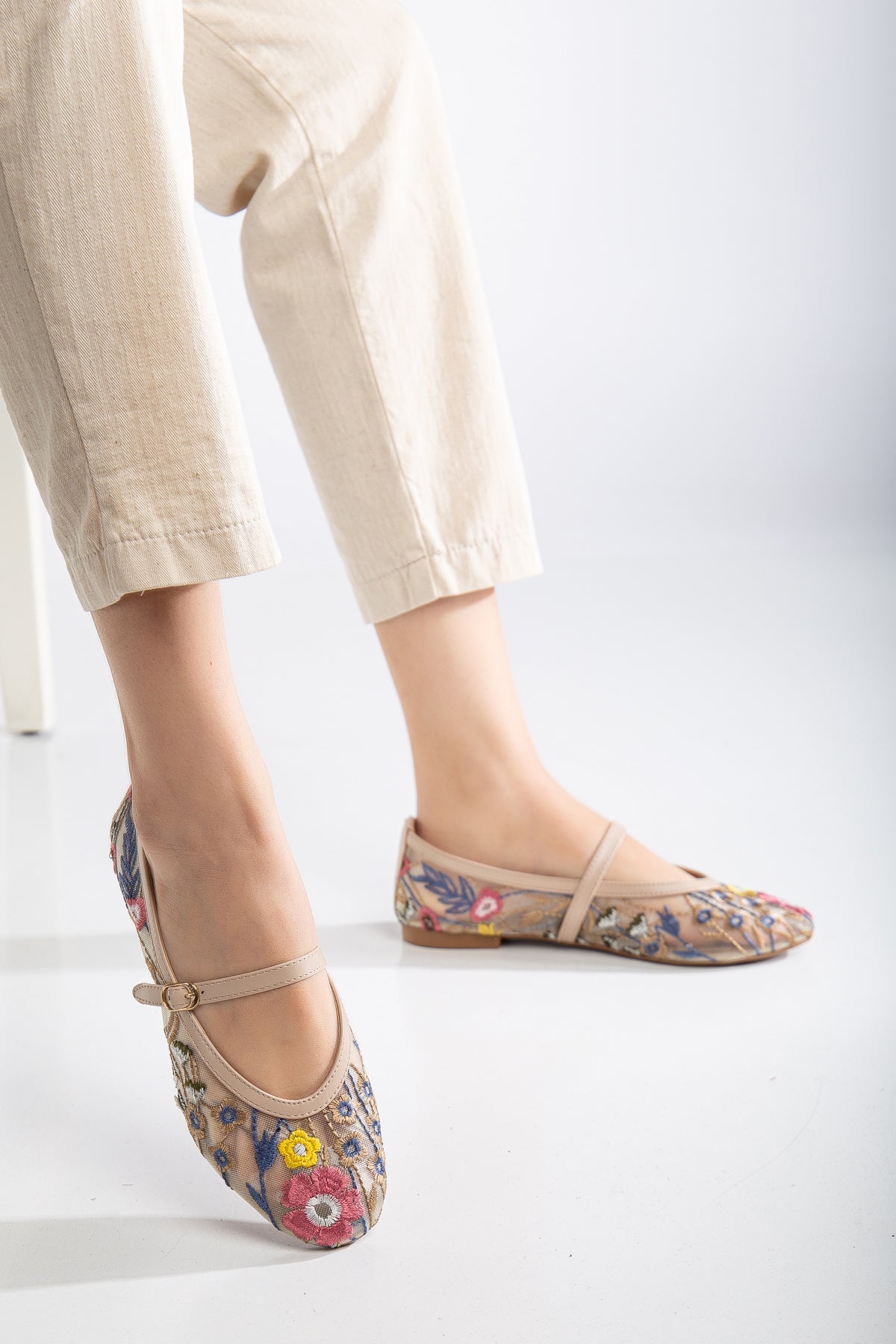 Fauna - Beige Mesh Mary Jane Flats – side view showing leather, mesh, red, Vowalisse