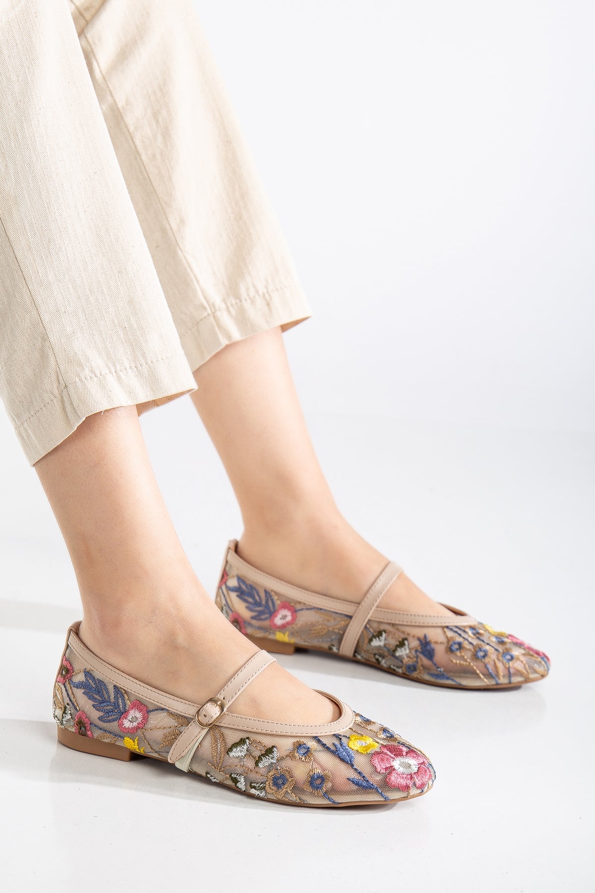 Fauna - Beige Mesh Mary Jane Flats – detail view showing leather, mesh, red, Vowalisse