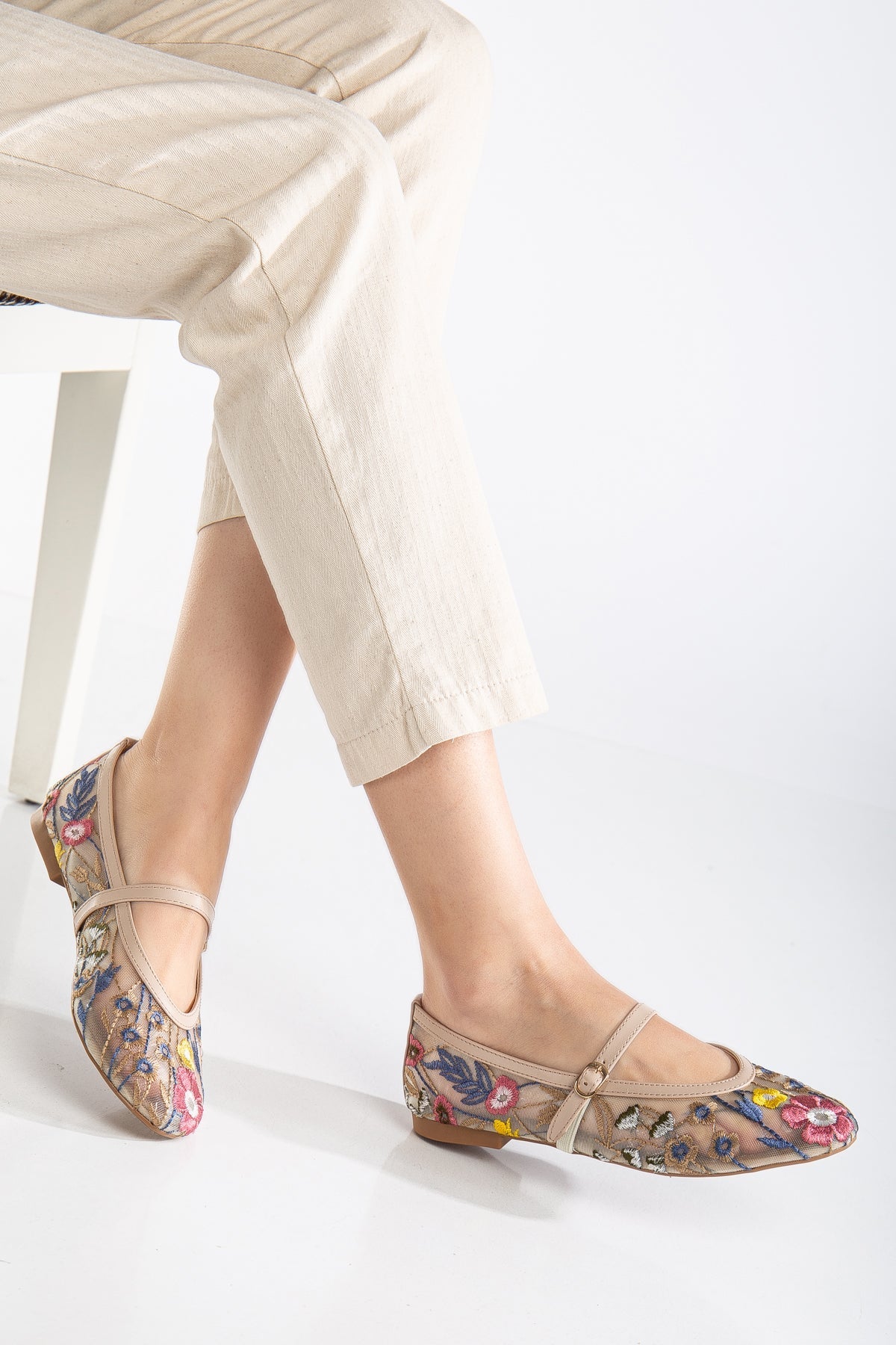 Fauna - Beige Mesh Mary Jane Flats – heel view showing leather, mesh, red, Vowalisse