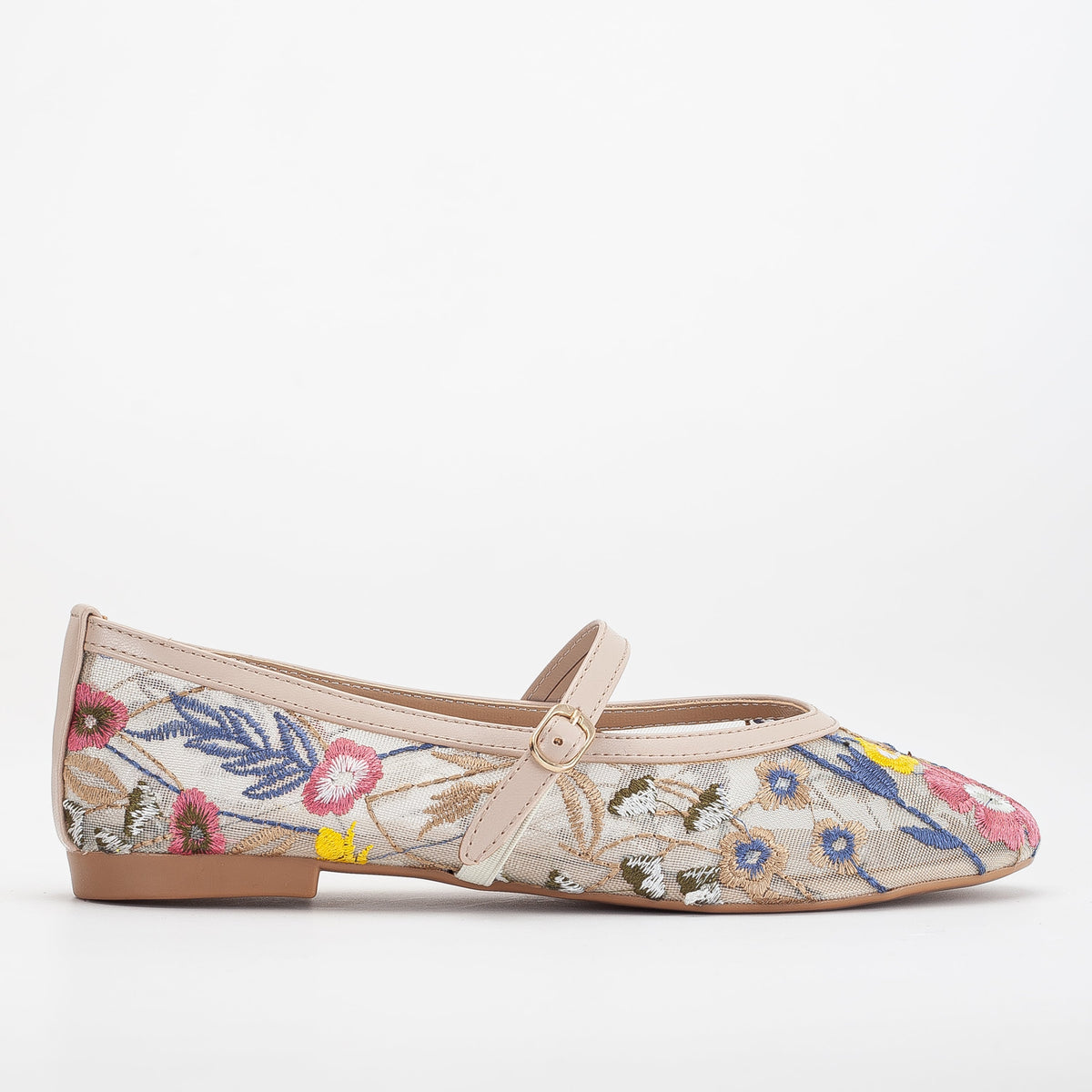 Fauna - Beige Mesh Mary Jane Flats – back view showing leather, mesh, red, Vowalisse