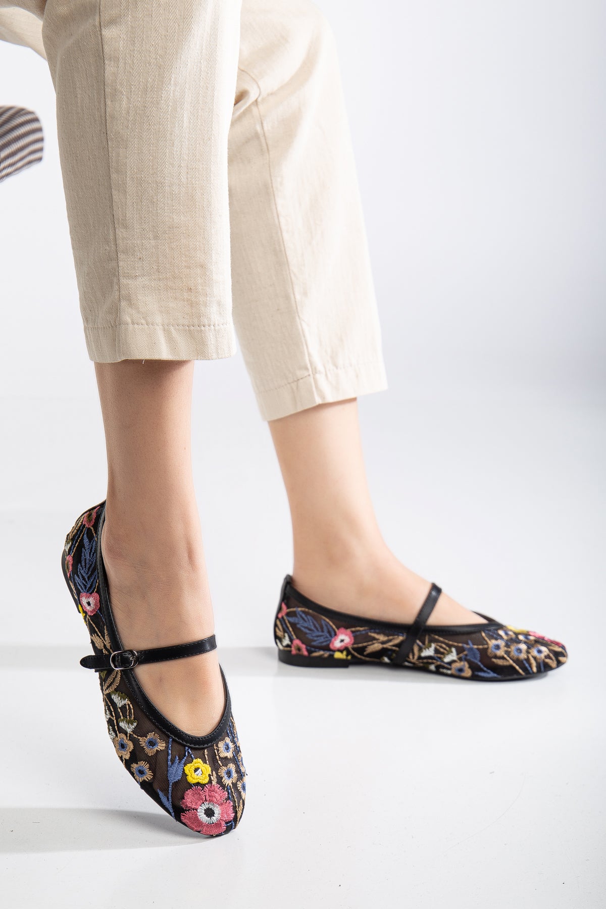 Fauna - Black Mesh Mary Jane Flats – side view showing leather, mesh, black, Vowalisse