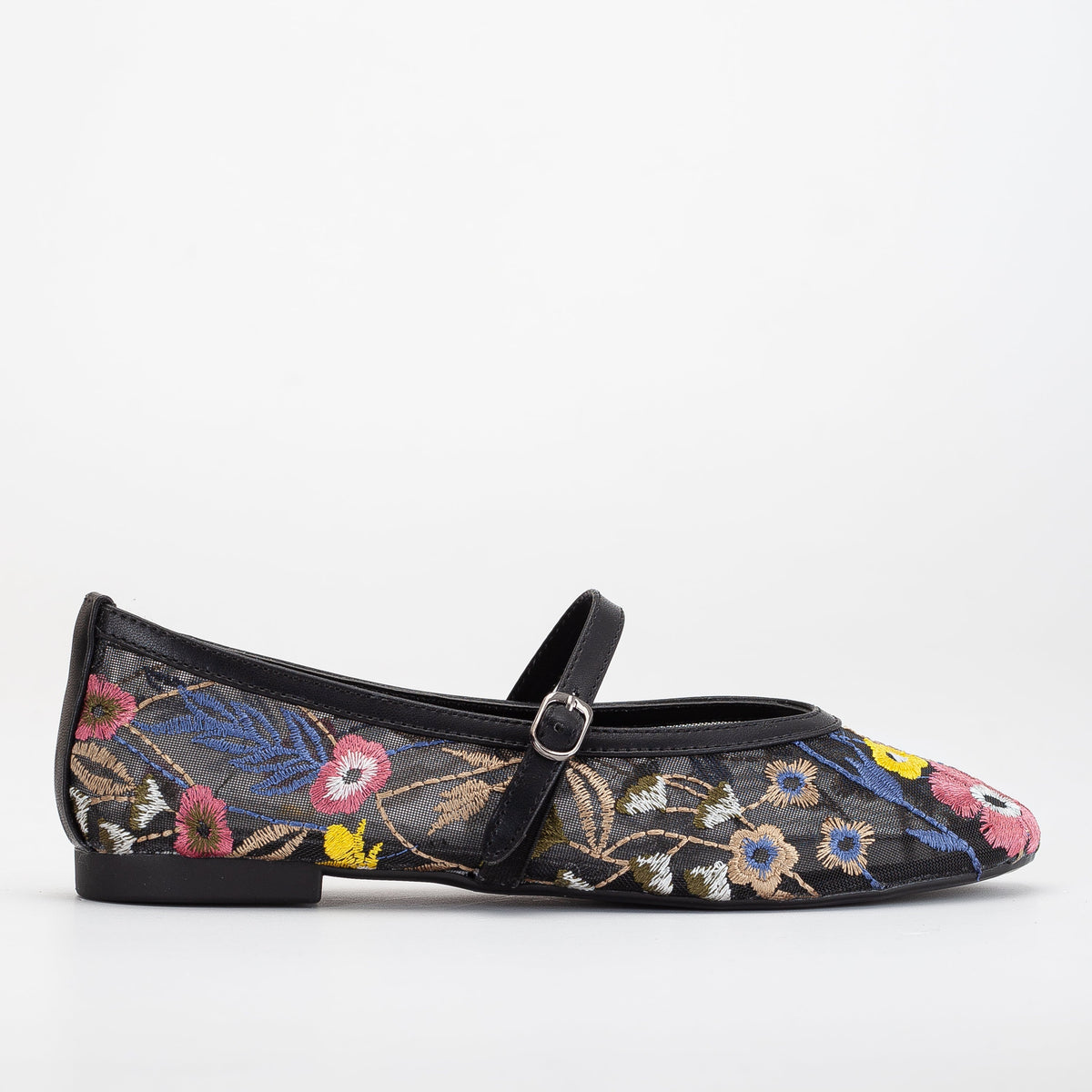 Fauna - Black Mesh Mary Jane Flats – heel view showing leather, mesh, black, Vowalisse