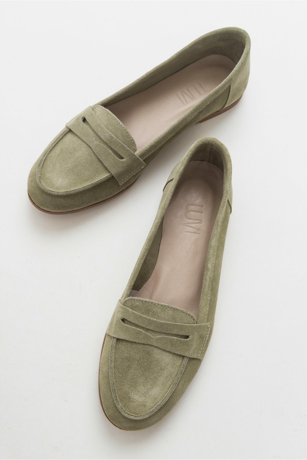 F02 - Light Green Genuine Suede Leather Loafer – side view showing leather, suede, green, Vowalisse