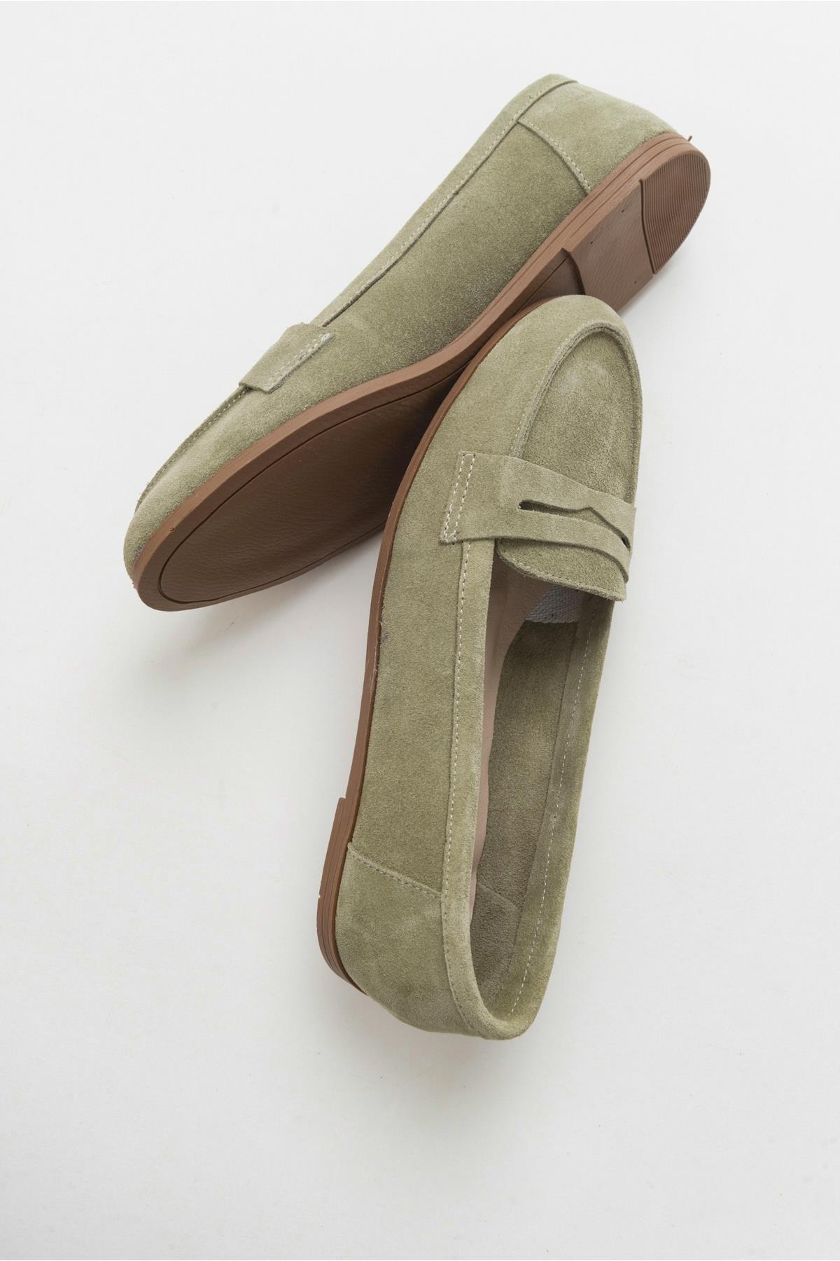 F02 - Light Green Genuine Suede Leather Loafer – detail view showing leather, suede, green, Vowalisse