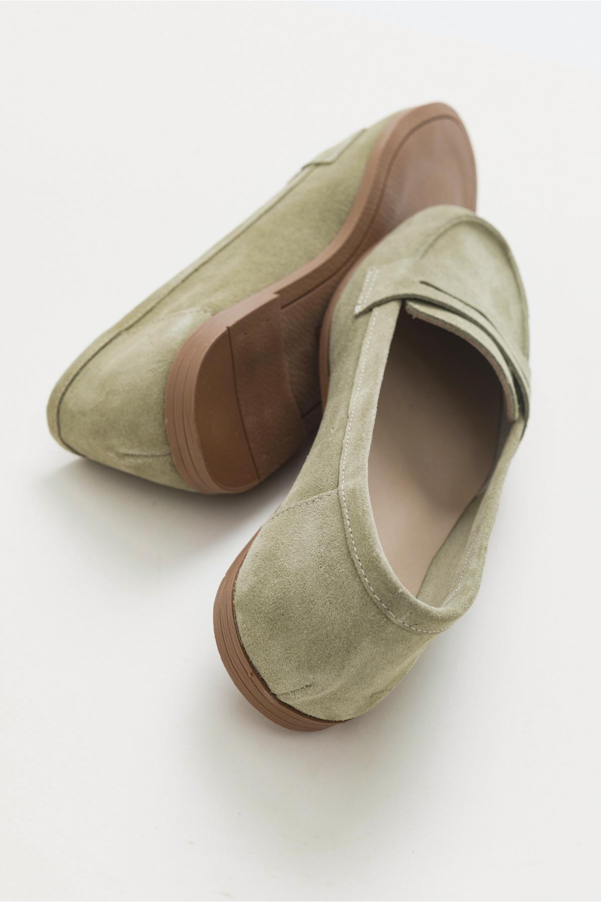 F02 - Light Green Genuine Suede Leather Loafer – heel view showing leather, suede, green, Vowalisse