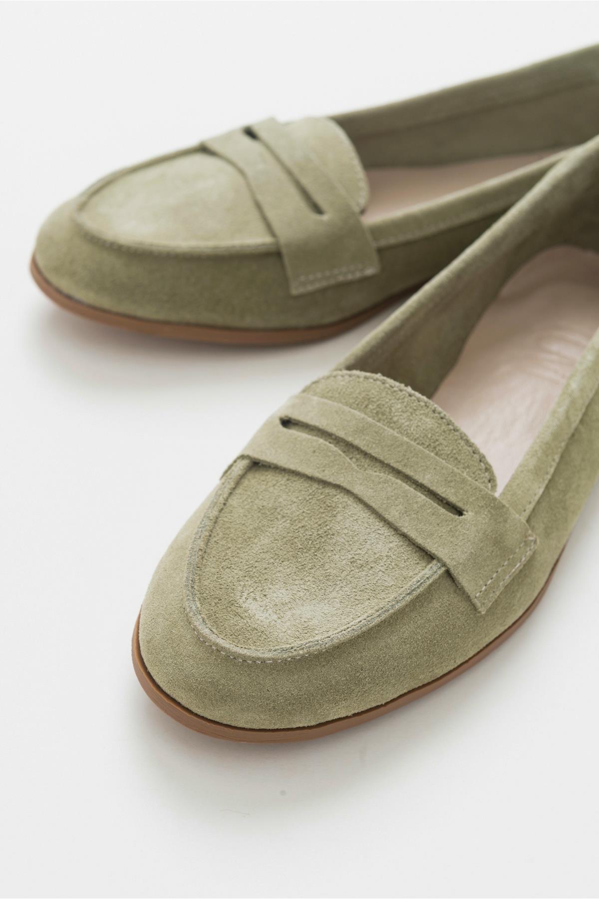 F02 - Light Green Genuine Suede Leather Loafer – back view showing leather, suede, green, Vowalisse