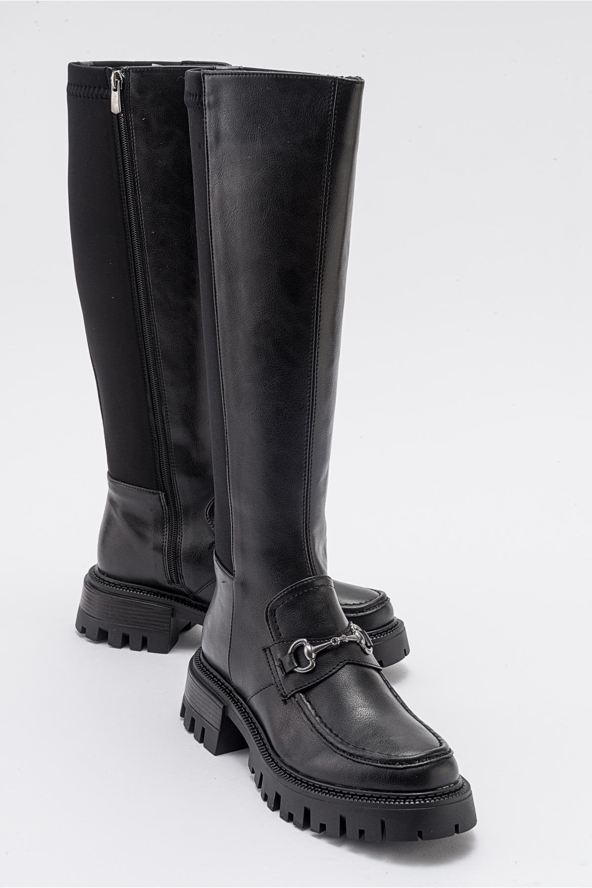 Chapel - Black Buckled Stretch-Detail Boot – front three-quarter view showing leather, black, Vowalisse