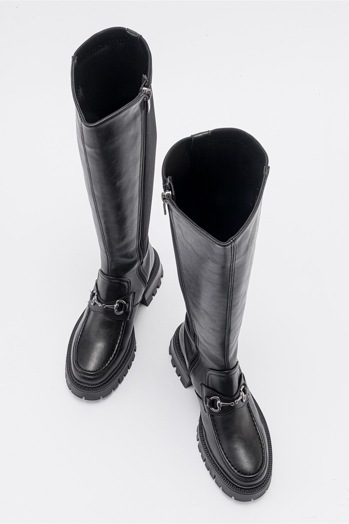 Chapel - Black Buckled Stretch-Detail Boot – side view showing leather, black, Vowalisse