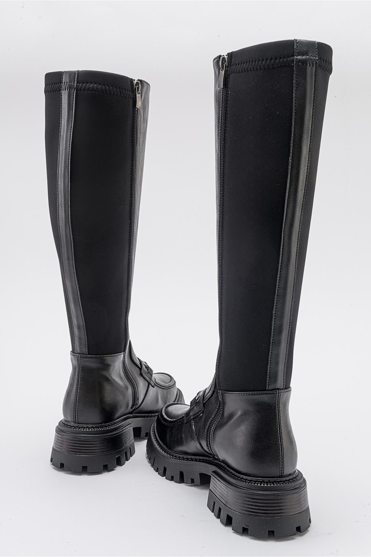 Chapel - Black Buckled Stretch-Detail Boot – detail view showing leather, black, Vowalisse