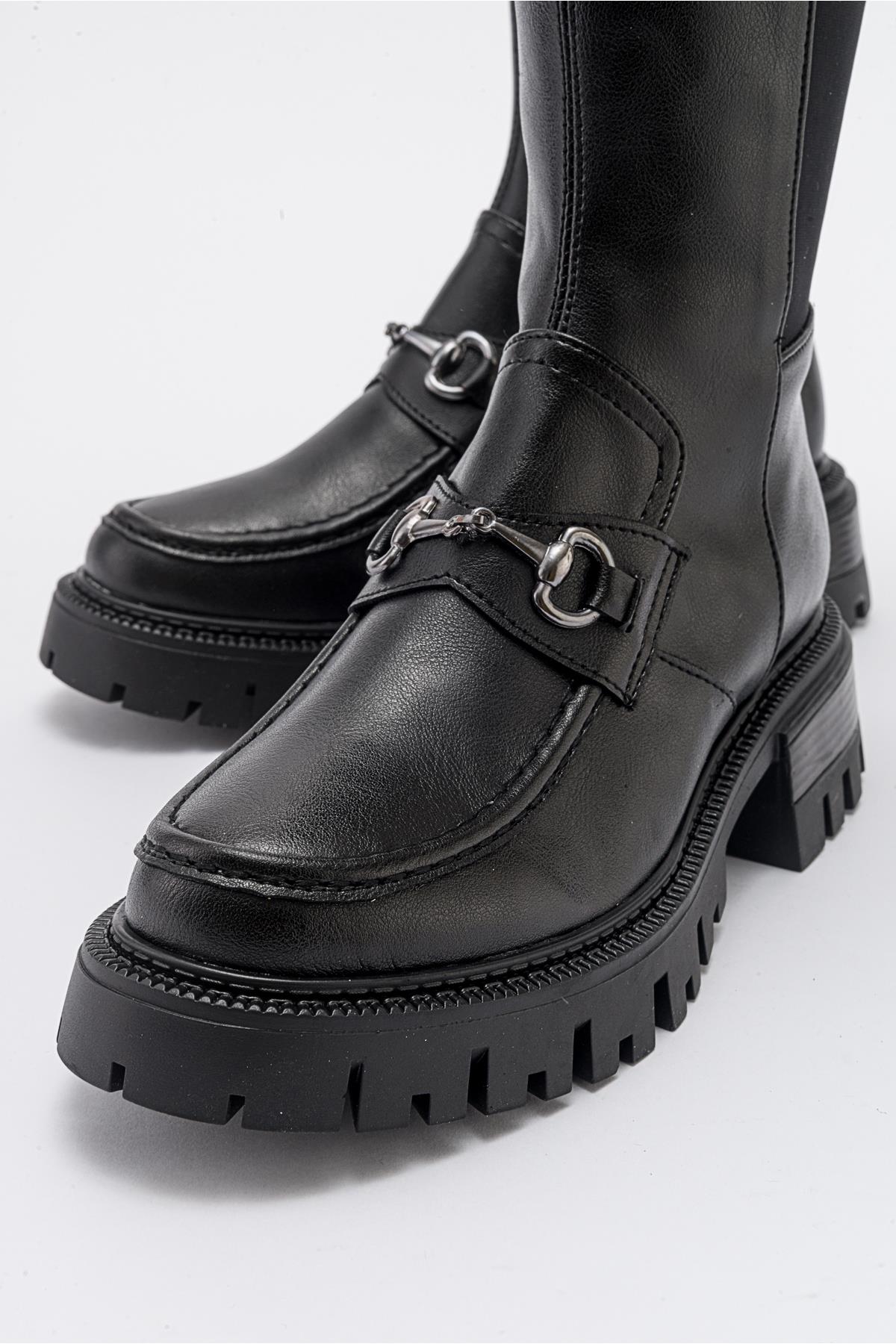 Chapel - Black Buckled Stretch-Detail Boot – heel view showing leather, black, Vowalisse