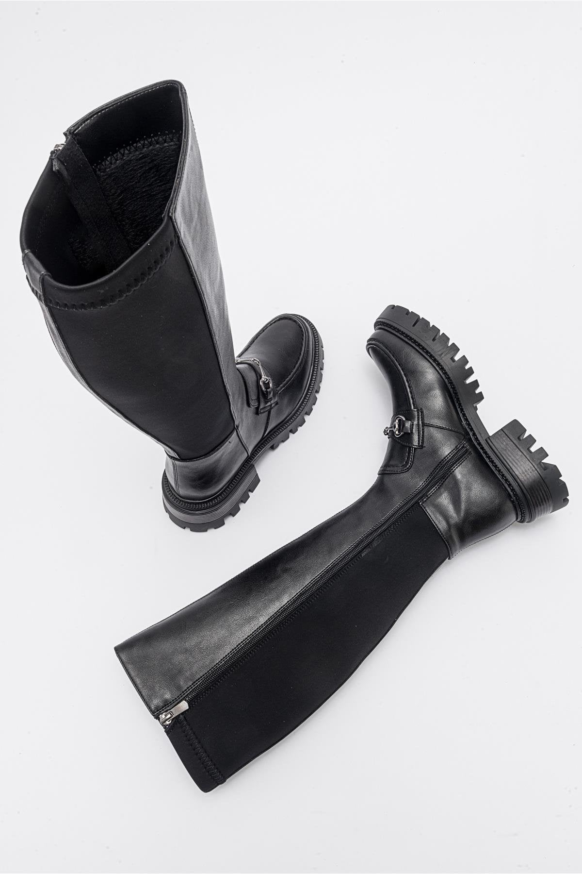 Chapel - Black Buckled Stretch-Detail Boot – back view showing leather, black, Vowalisse