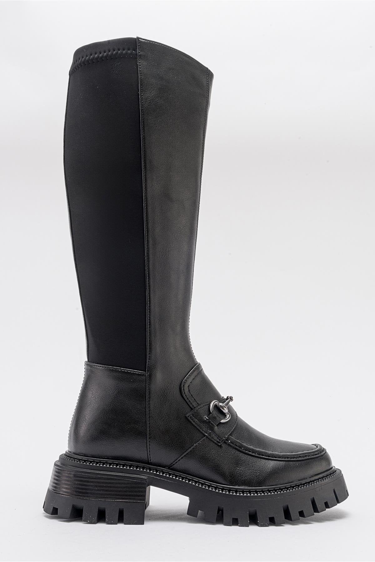 Chapel - Black Buckled Stretch-Detail Boot – top view showing leather, black, Vowalisse