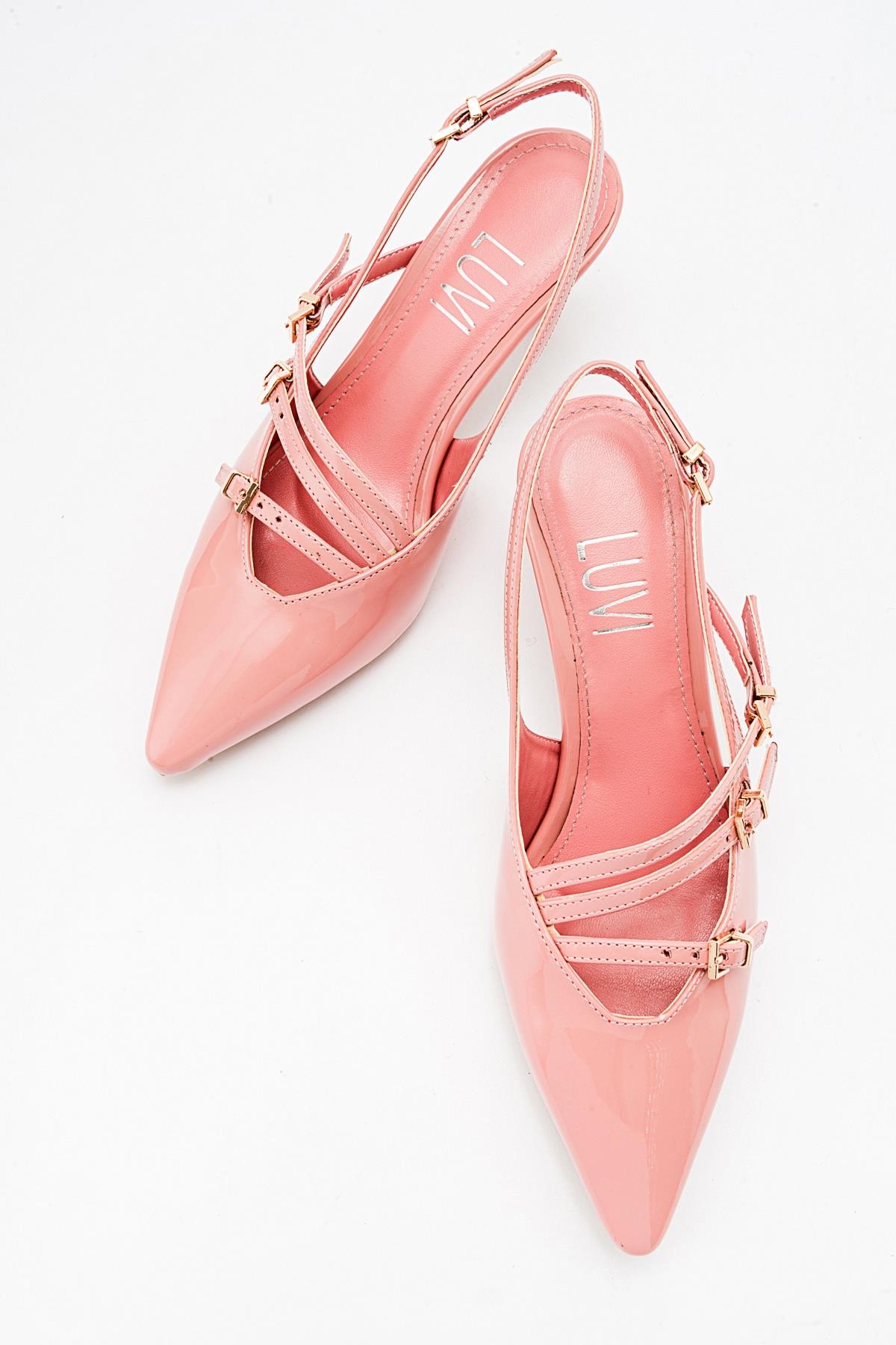 Magra Blush Patent Pointed-Toe Slingback Stiletto – detail view showing leather, red, Vowalisse